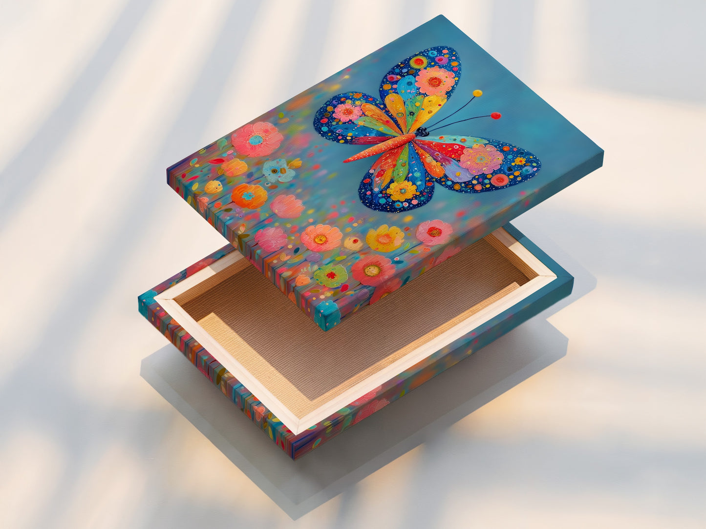 A stretched canvas print showcases the Butterfly artwork. The colorful floral image is vibrant. This whimsical piece is ready to hang. It is a perfect addition to any home or nursery decor.