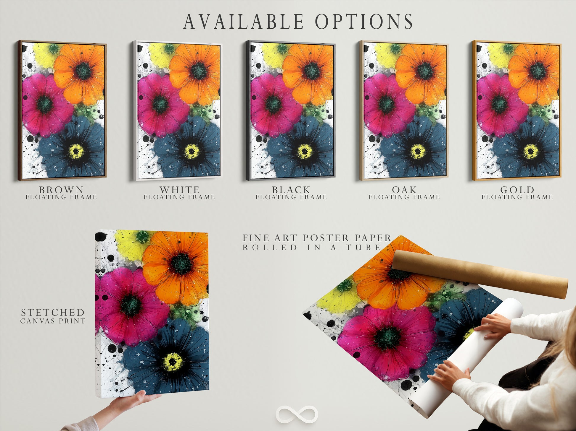 Available options for the vibrant flower artwork. Choose from a stretched canvas print fine art poster paper or a floating frame. This colorful botanical wall art features orange pink and blue flowers. Perfect for bedroom art or living room wall decor.