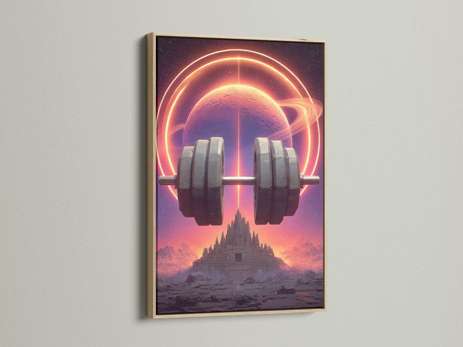 This is the oak frame option. This sci-fi gym artwork is perfect for fitness wall art. It will create a unique home gym decor. Get motivated with this futuristic art.