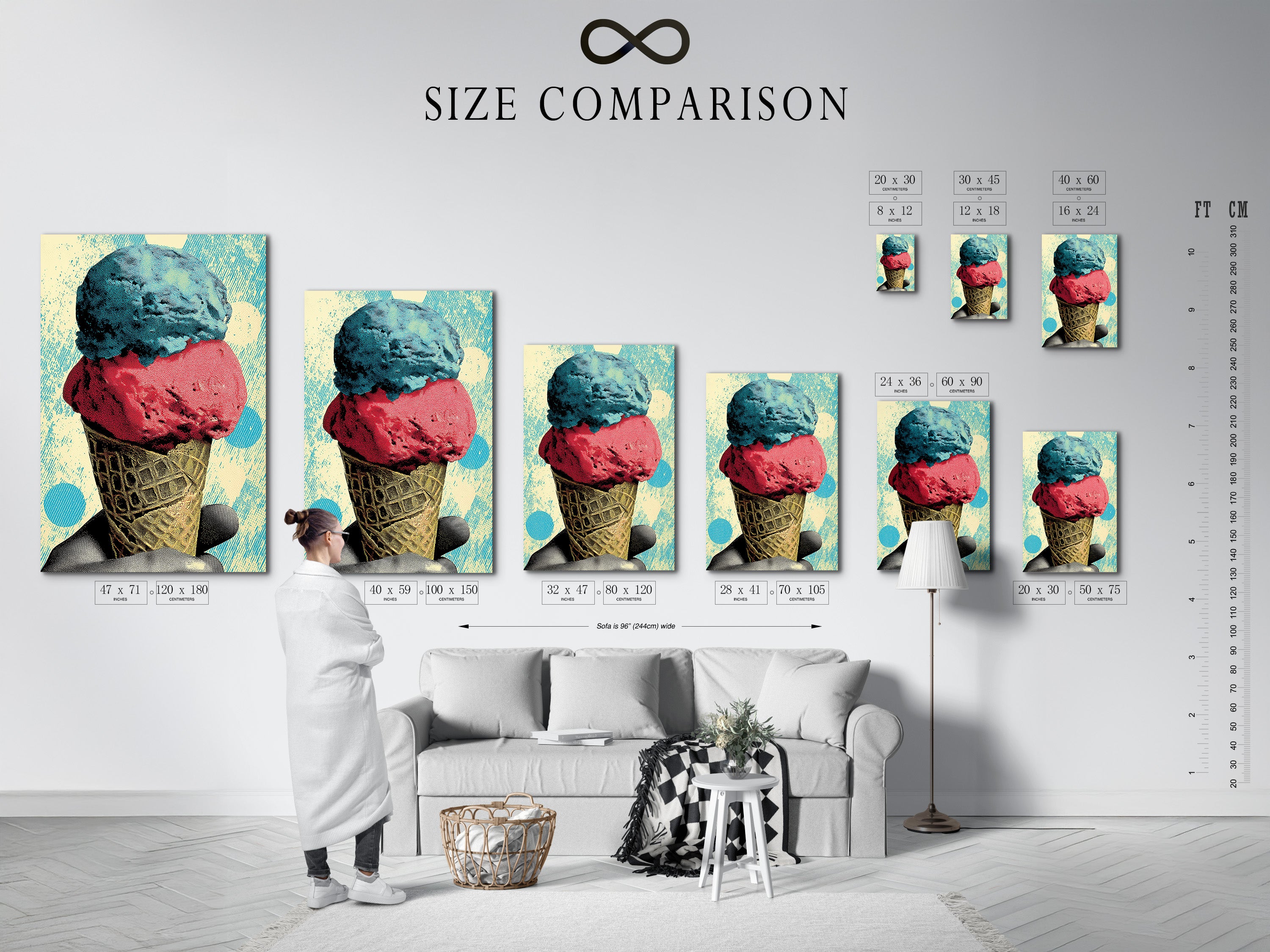 Size comparison chart in an interior setting. This chart helps you visualize artwork dimensions. See how different sizes fit in your space. Plan your wall art arrangement with confidence. Find the perfect size for your needs.