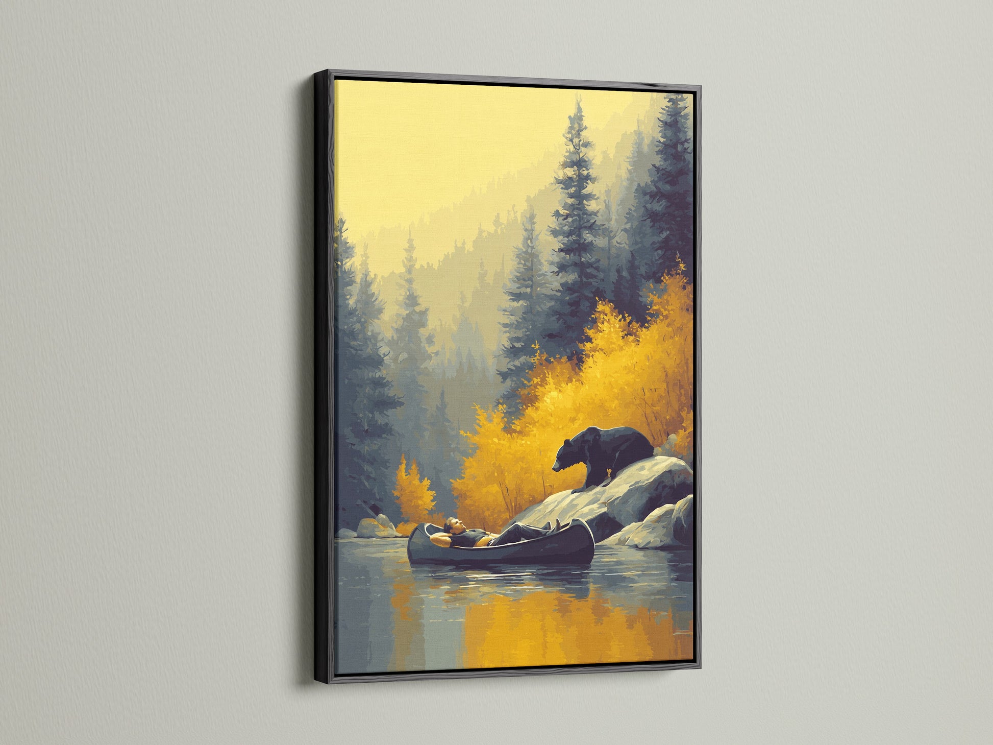This artwork captures a serene moment with a bear and canoe. It is elegantly framed in black. The contrast of the frame accentuates the autumn decor. It brings a touch of wildlife art to your home.