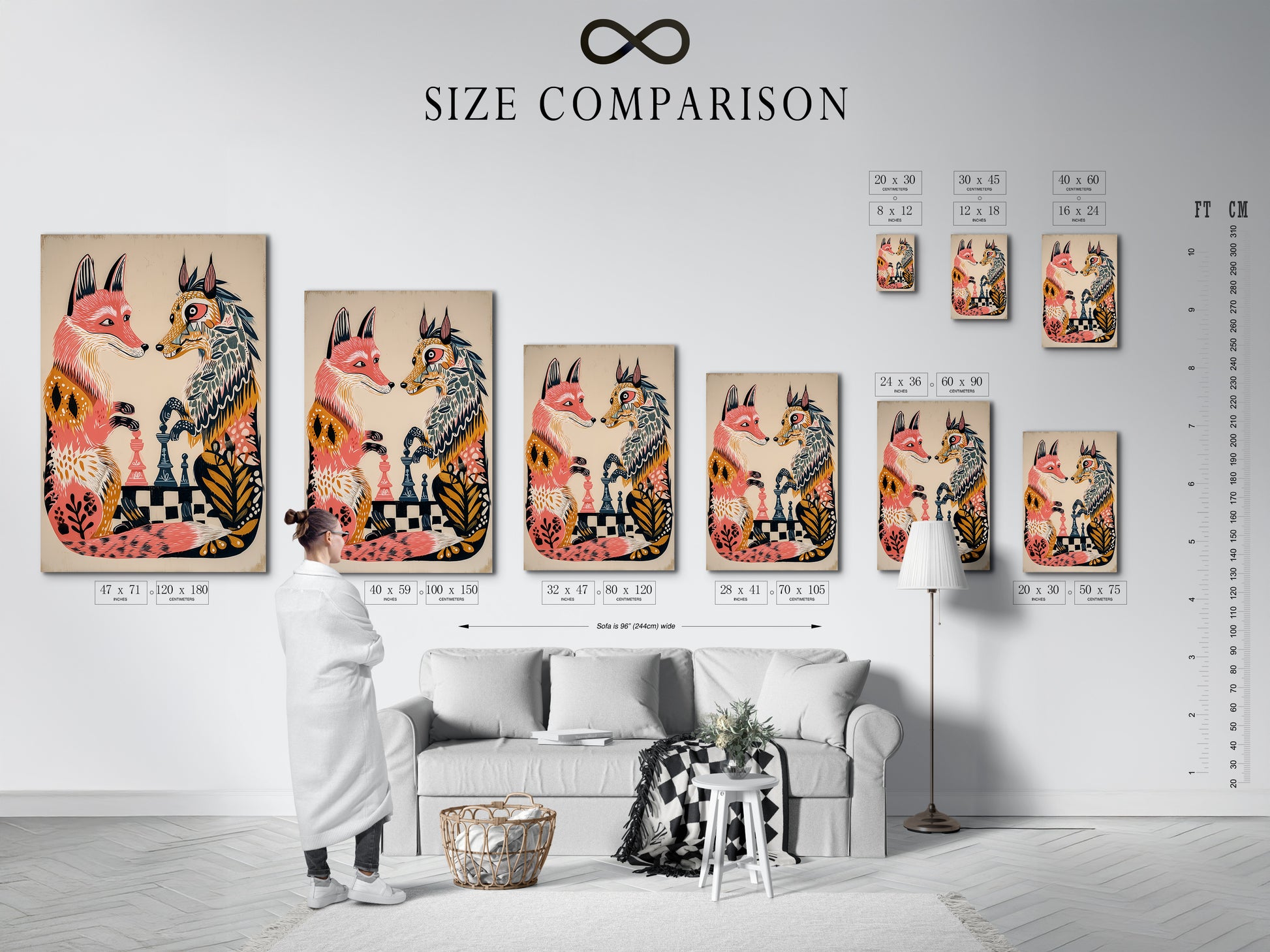 A size comparison chart of the fox chess game artwork in an interior setting. This chart helps visualize the different sizes available. It ensures you choose the perfect fit for your space. See how it enhances your home decor.