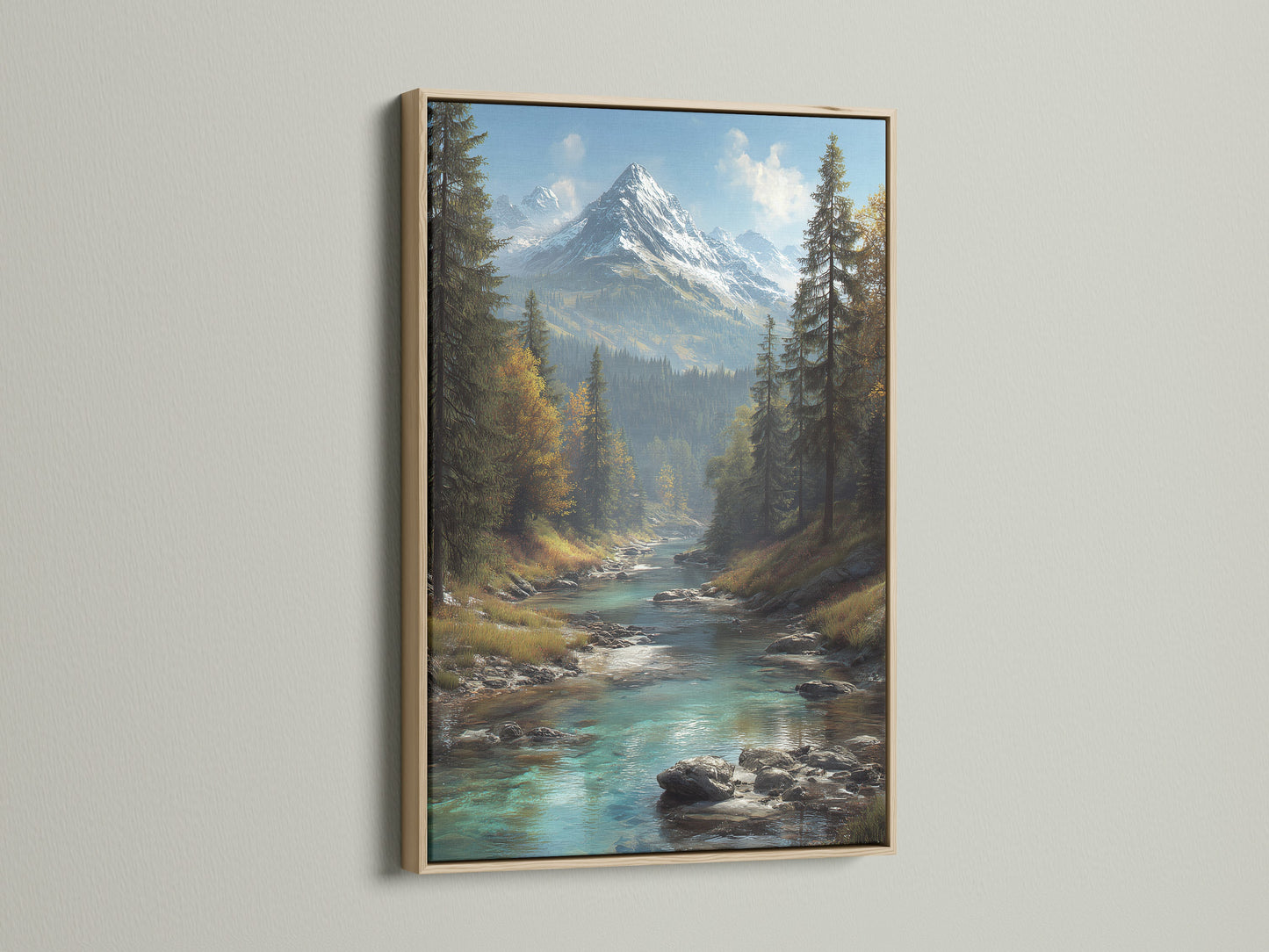 Mountain river art displayed in an oak frame. Alpine landscape wall art brings the outdoors inside. Turquoise water reflects the sky. This nature canvas print adds a rustic touch. Perfect for lodge or contemporary styles.