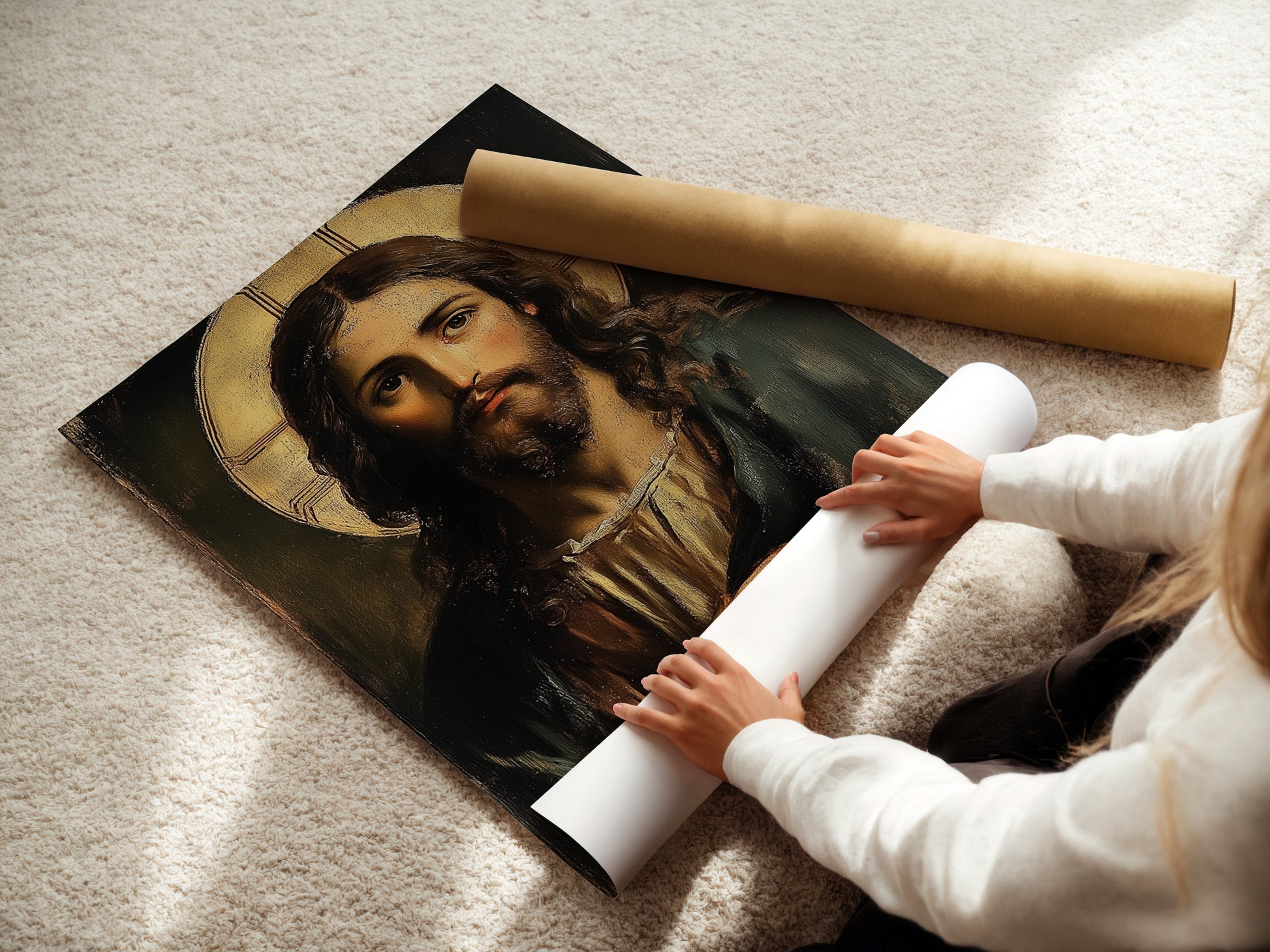 A woman is carefully rolling a fine art poster paper. She is preparing it for framing or display. The fine art paper ensures high-quality prints. The prints have vibrant colors and sharp details. This is perfect for art collectors and enthusiasts.