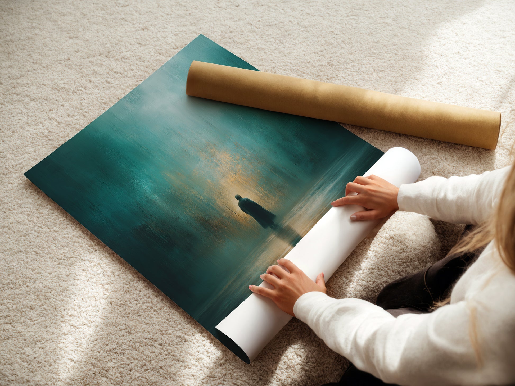 A woman carefully rolls a fine art poster paper. High quality poster paper ensures vibrant colors and sharp details. Preserve your art with our premium materials. Order yours today to elevate your art collection