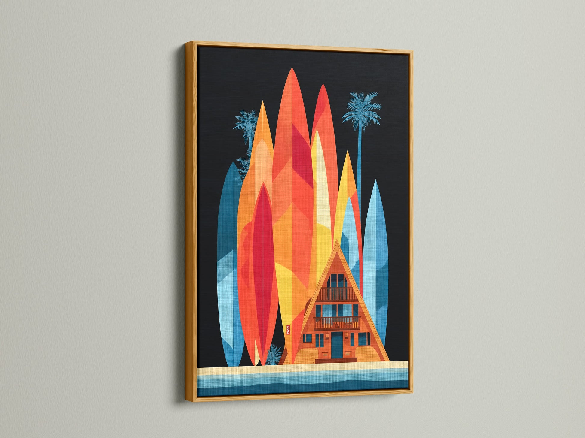 A-Frame house artwork in a gold frame. This retro surf decor makes a bold statement. The vibrant colors and surfboard artwork add energy to any room. It is ideal for living rooms or bedrooms.