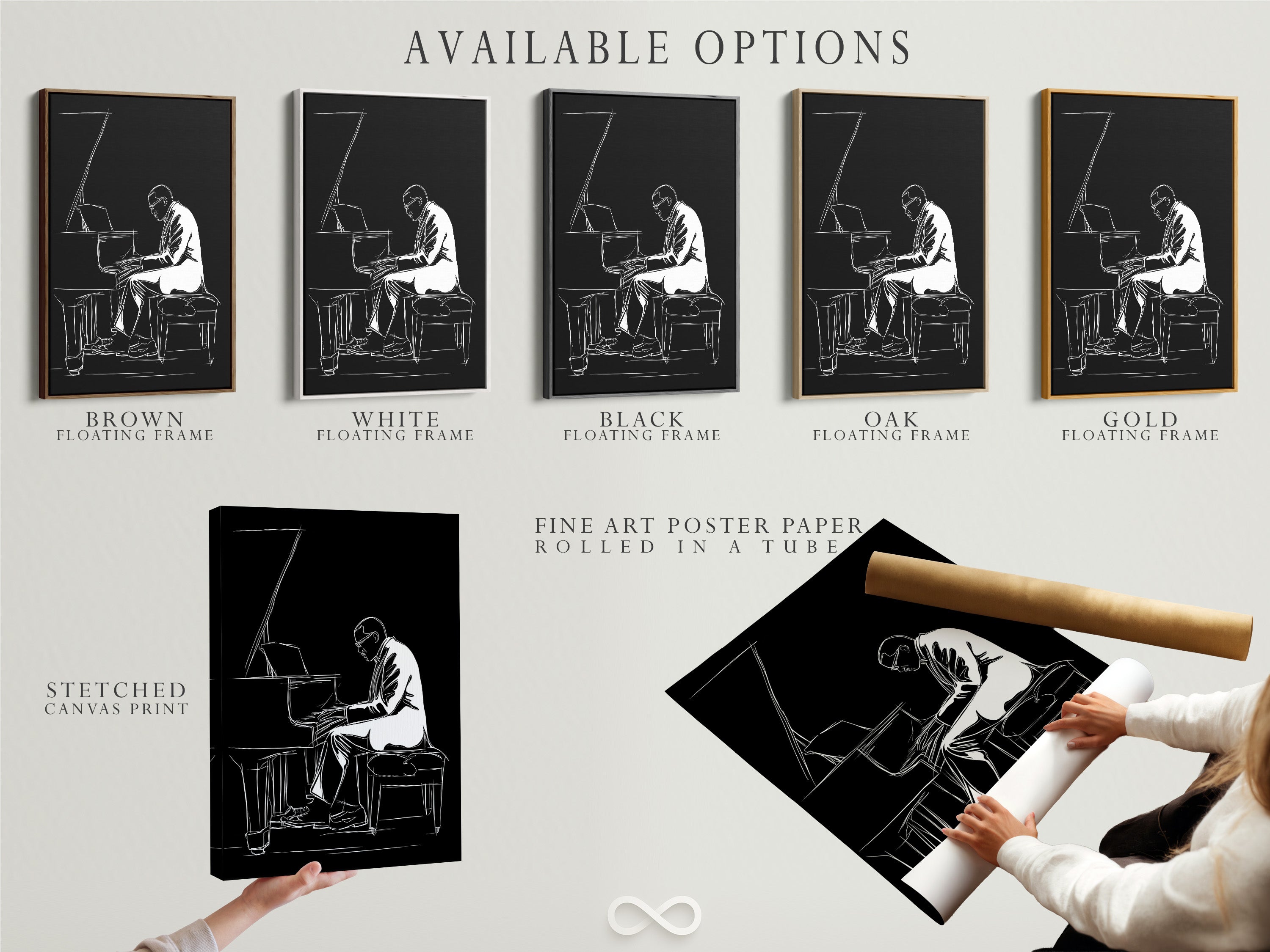 Available options for black and white jazz piano artwork. Choose from a stretched canvas print a fine art poster paper or a floating frame. These options allow you to customize your minimalist musician wall art. Perfect for any contemporary space or music room decor.