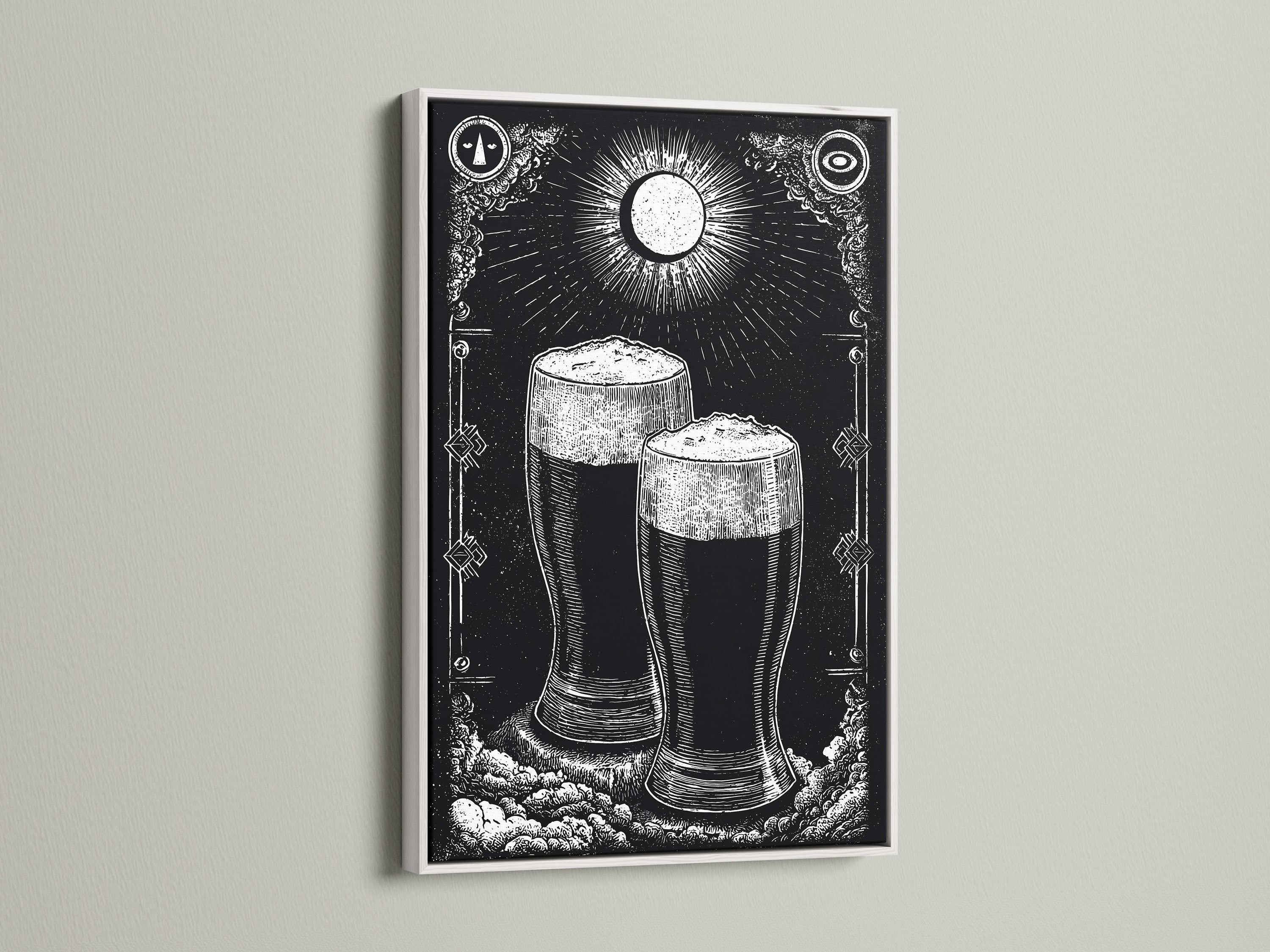 White frame enhancing a striking black and white artwork. The artwork displays two glasses of dark beer under a celestial moon. Its minimalist aesthetic complements any interior. This framed art piece brings style and character to your home decor.