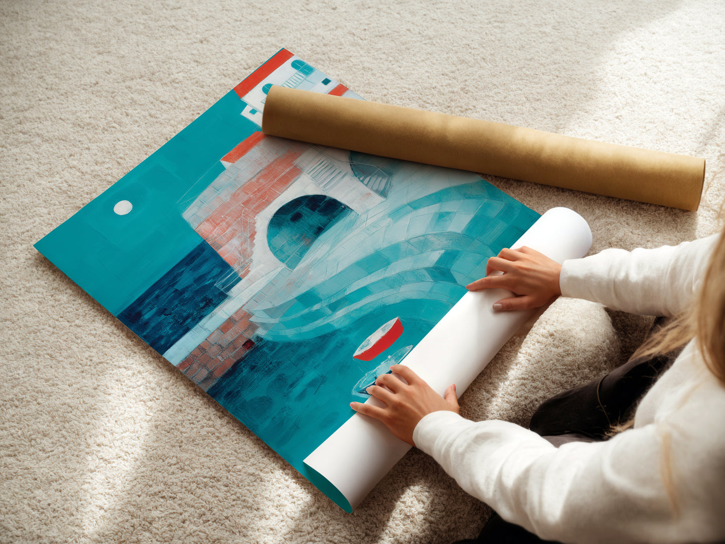A woman is carefully unrolling a fine art poster paper print. The print showcases a beautiful coastal village scene. Turquoise waters and red-roofed buildings are visible. The fine art paper enhances the artworkโs detail and quality. Experience the beauty of this seaside artwork.