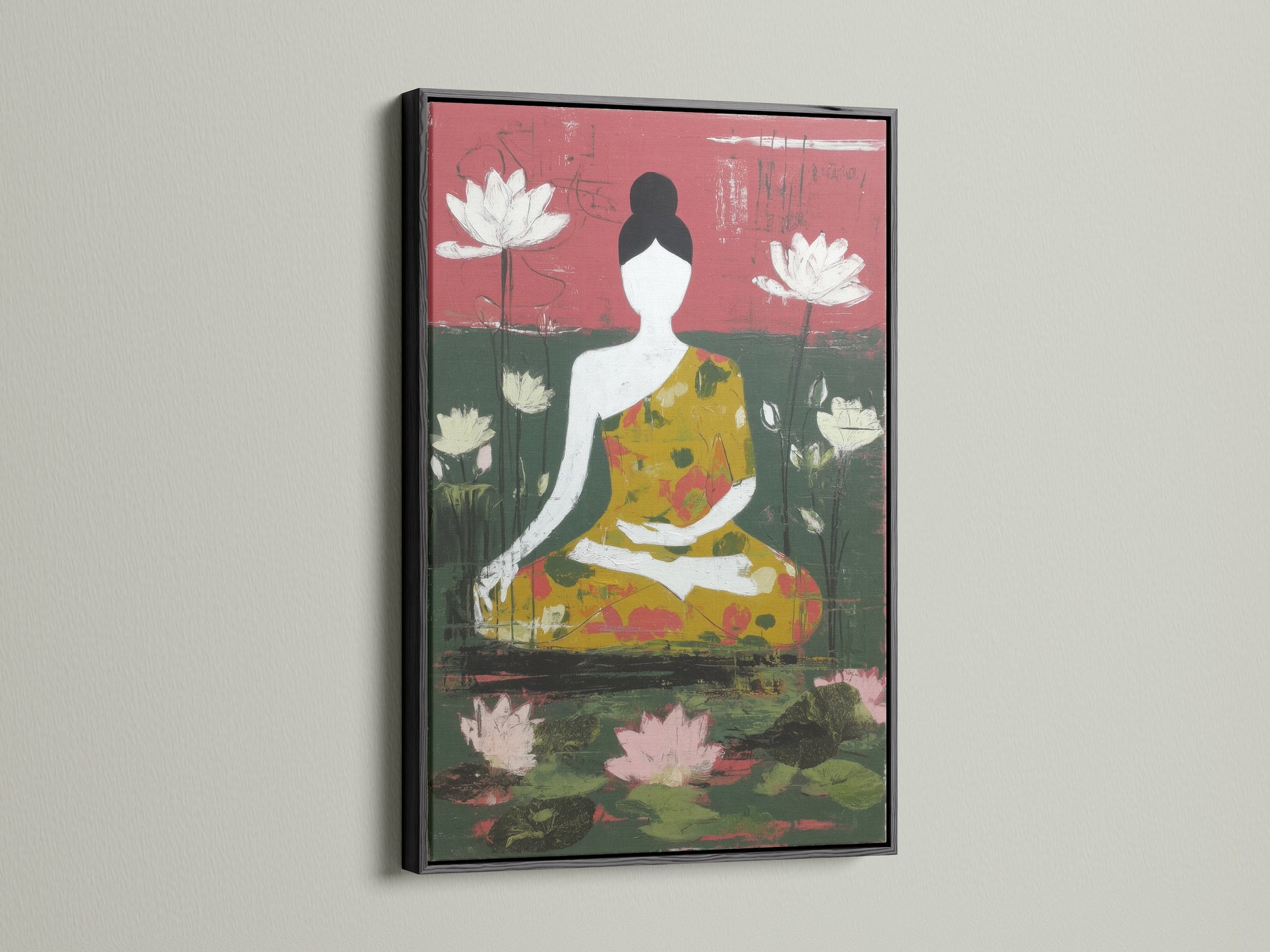 The zen Buddha canvas print is framed in black. The artwork features green and gold colors. This spiritual wall art adds a modern touch to any room. It's perfect for creating a calming atmosphere in your yoga studio meditation room or home office.