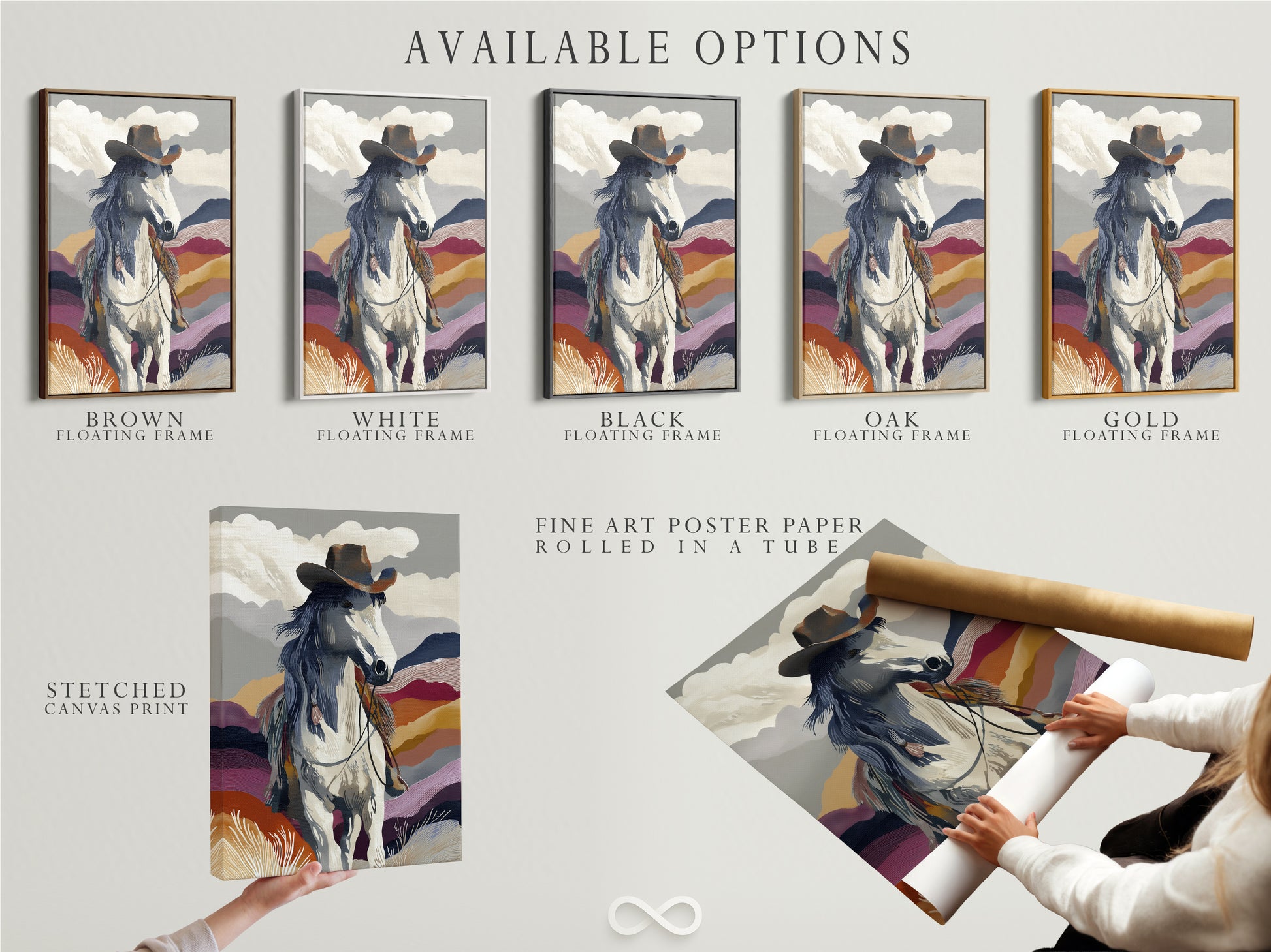Explore available options for this cowboy artwork. Choose between a stretched canvas print fine art poster paper or floating frame. Customize your western wall art to suit your style. Elevate your southwestern print with our high-quality options.