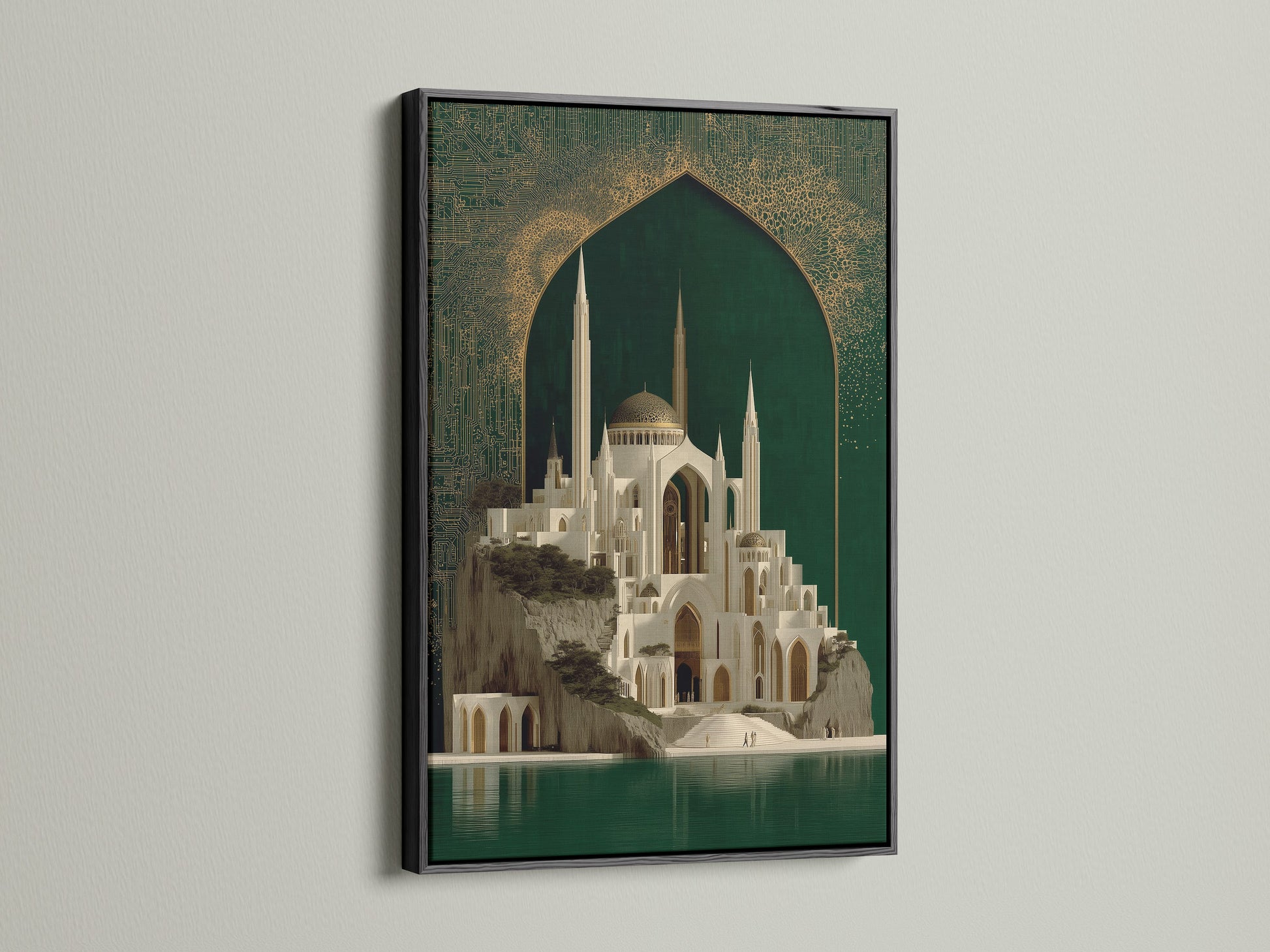 The Islamic Architecture Canvas Artwork is showcased in a sleek black frame. The mosque art combines emerald green and gold. This creates a striking contrast. Ideal for modern spaces. Add a sophisticated focal point with this unique middle eastern art.