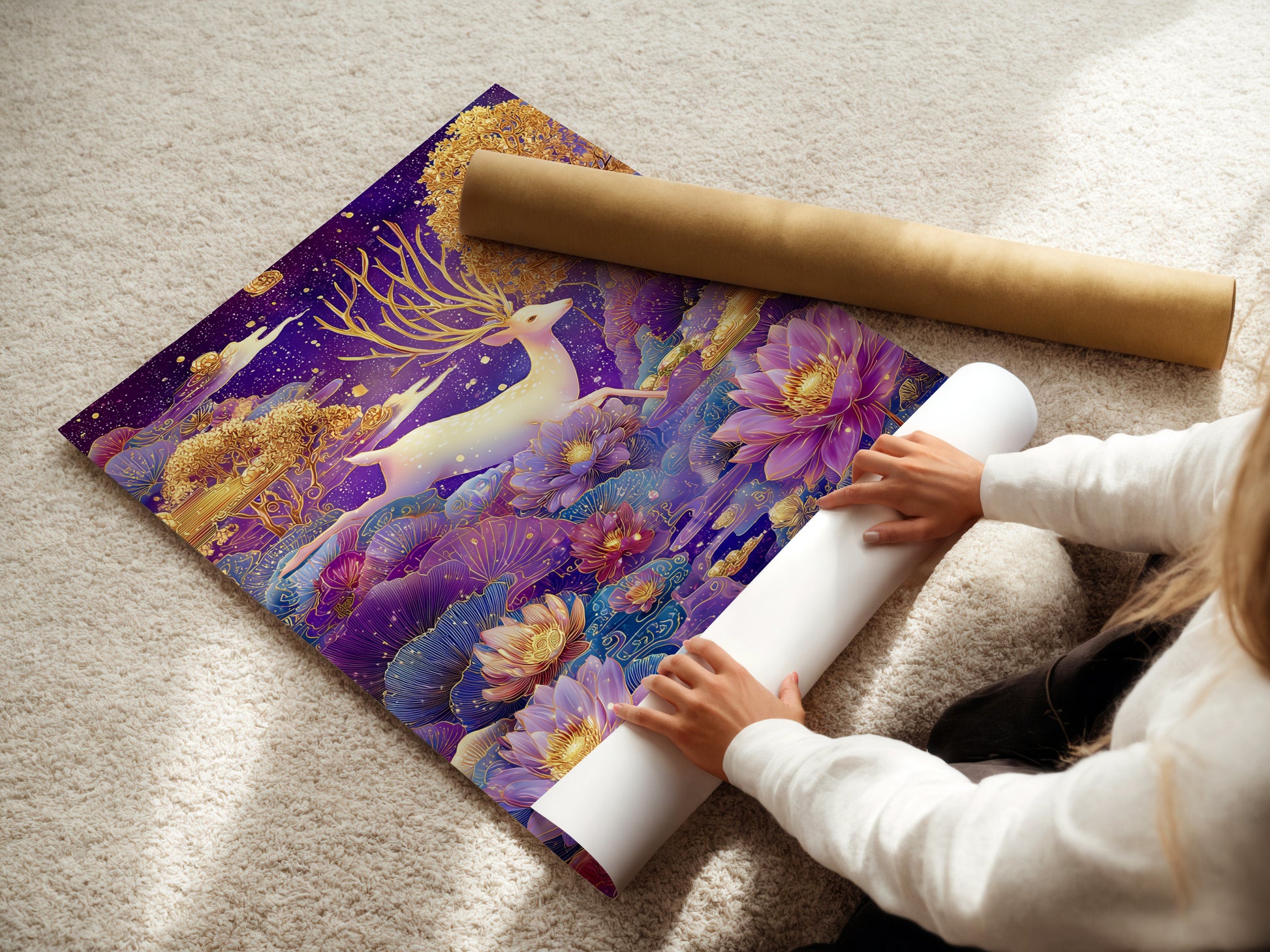 A woman is carefully rolling a fine art poster paper of the Mystical Deer print. The poster paper showcases the artwork's intricate details. Ideal for framing or displaying as is. Bring fantasy wildlife into your home.