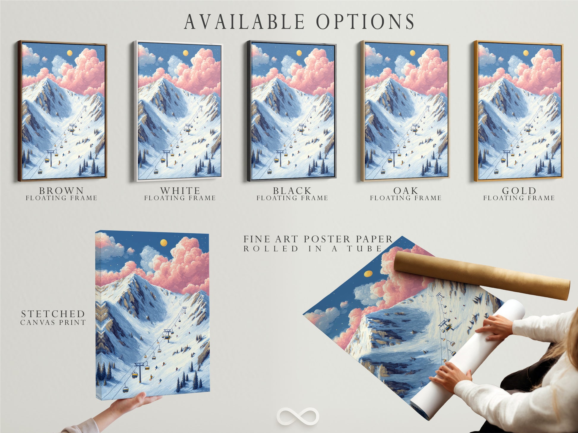 Explore available options for this ski resort art. Choose between a stretched canvas print fine art poster paper or floating frame. Customize your mountain ski print to fit your style. The winter alps landscape poster is versatile. Alpine wall art for any space.