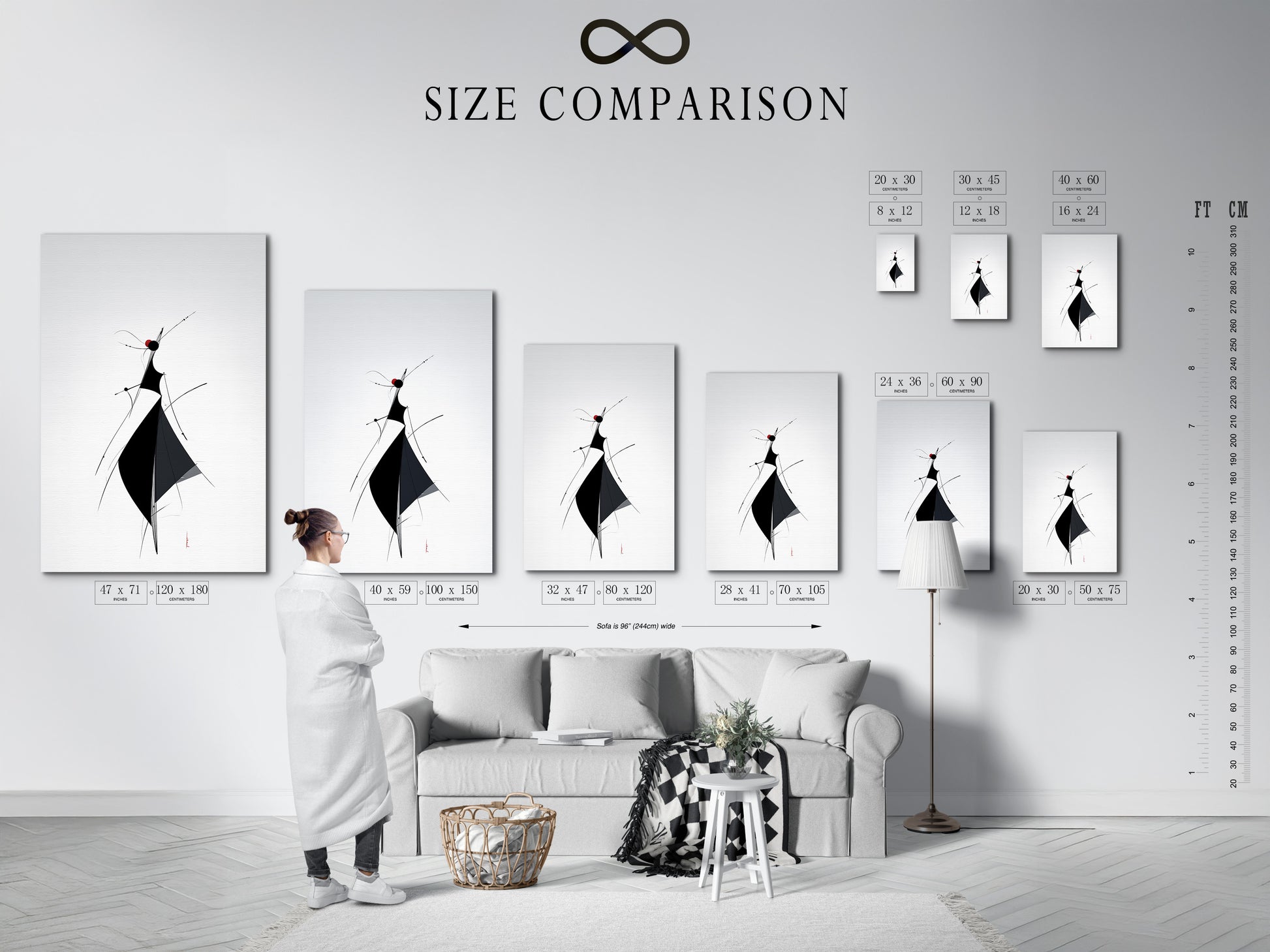 Size comparison chart in an interior setting. This helps you visualize the art's scale. Choose the perfect size for your space. See how different sizes look in a room. Make an informed decision. Find the right fit for your home.