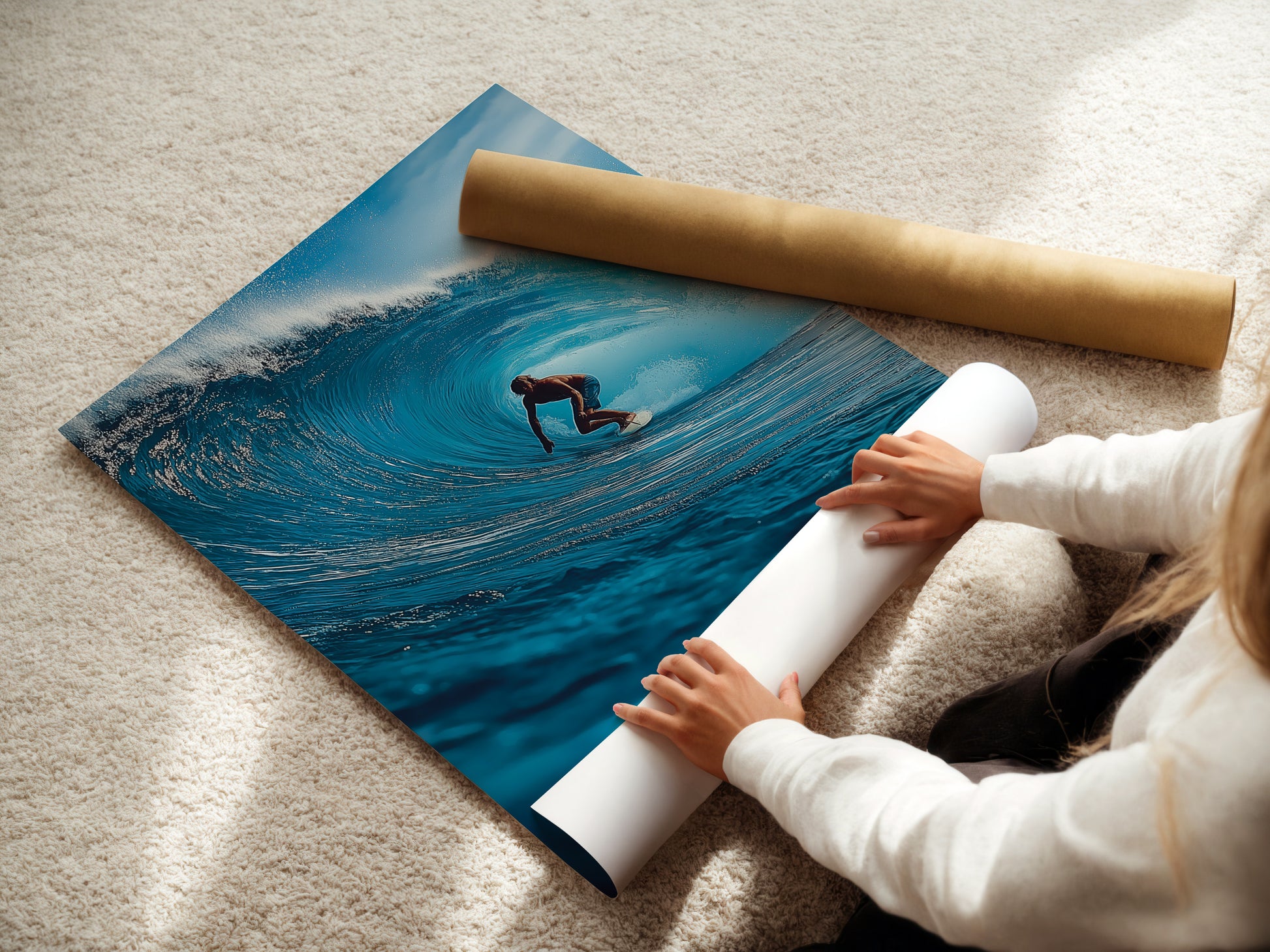 A woman rolls a fine art poster paper. The fine art paper showcases the artwork. High-quality paper ensures vibrant colors. Perfect for art lovers. This poster paper is ideal for prints.