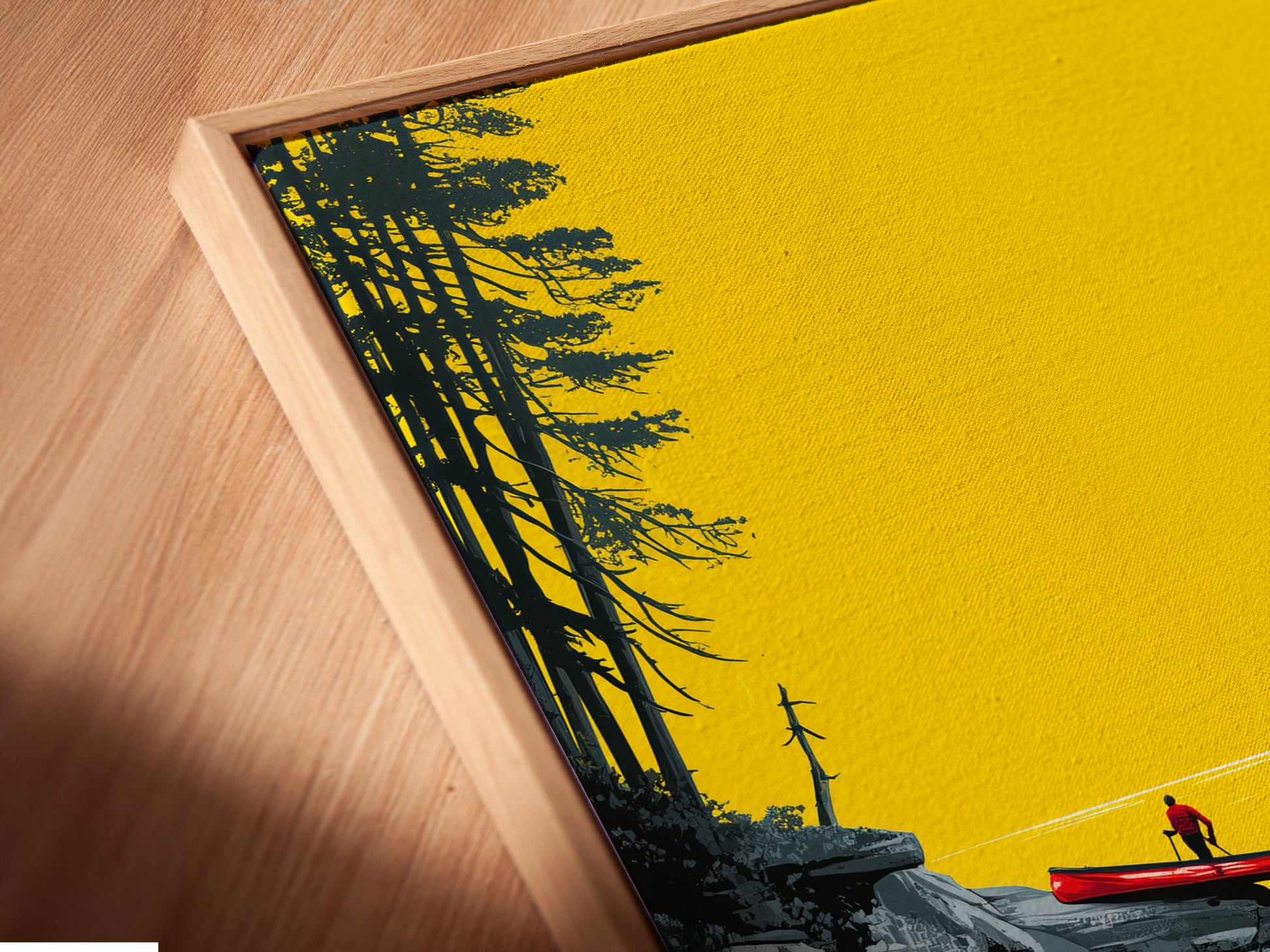 Angled close-up of a River Kayak canvas artwork in a floating frame. The artwork features a serene river scene with a lone kayaker. Perfect modern landscape artwork for your office or living room.