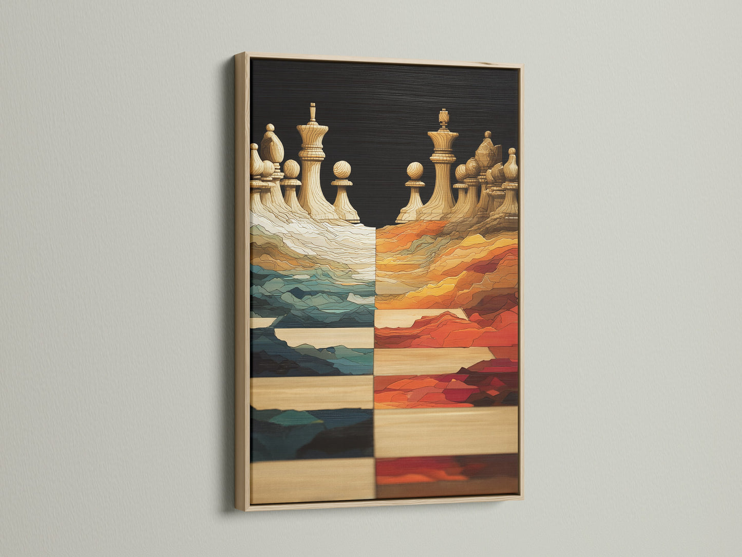 The oak frame enhances the chess art canvas print. This modern board game artwork suits a game room. The natural wood complements the teal and orange tones. Ideal for wall decor.