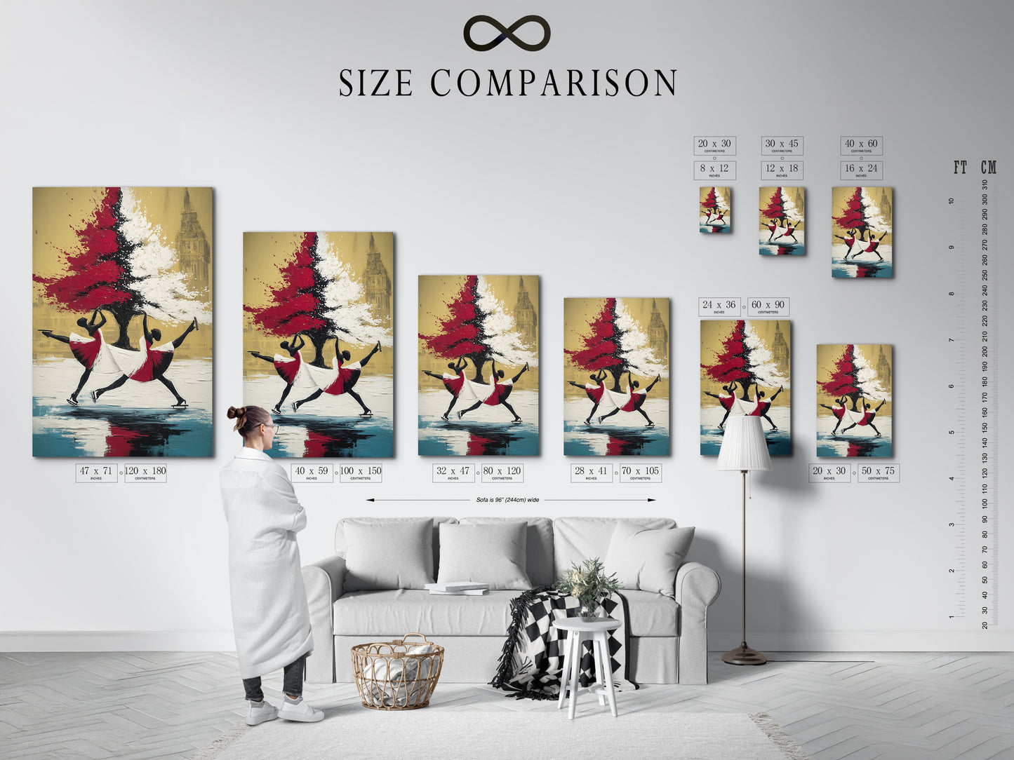 Size comparison chart of ballet dancers artwork in an interior setting. This helps you visualize the perfect fit for your space. Choose the ideal size for your wall decor. Ensure your artwork complements your room. See how it enhances your home.