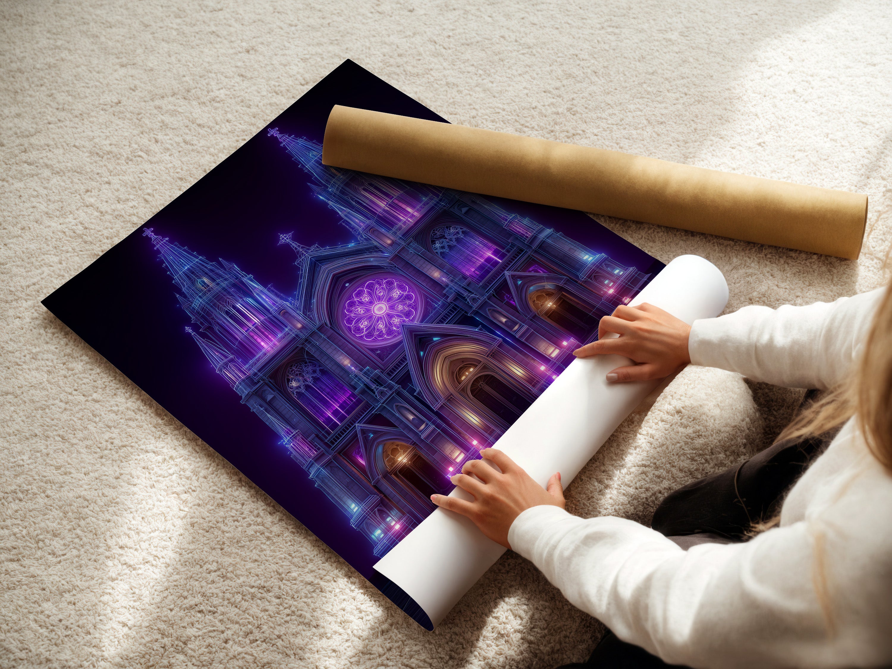 A woman carefully handles the fine art poster paper. This ensures the highest quality for your cyberpunk wall art. The neon architecture and purple church print will look stunning. Get ready to elevate your gothic home decor.