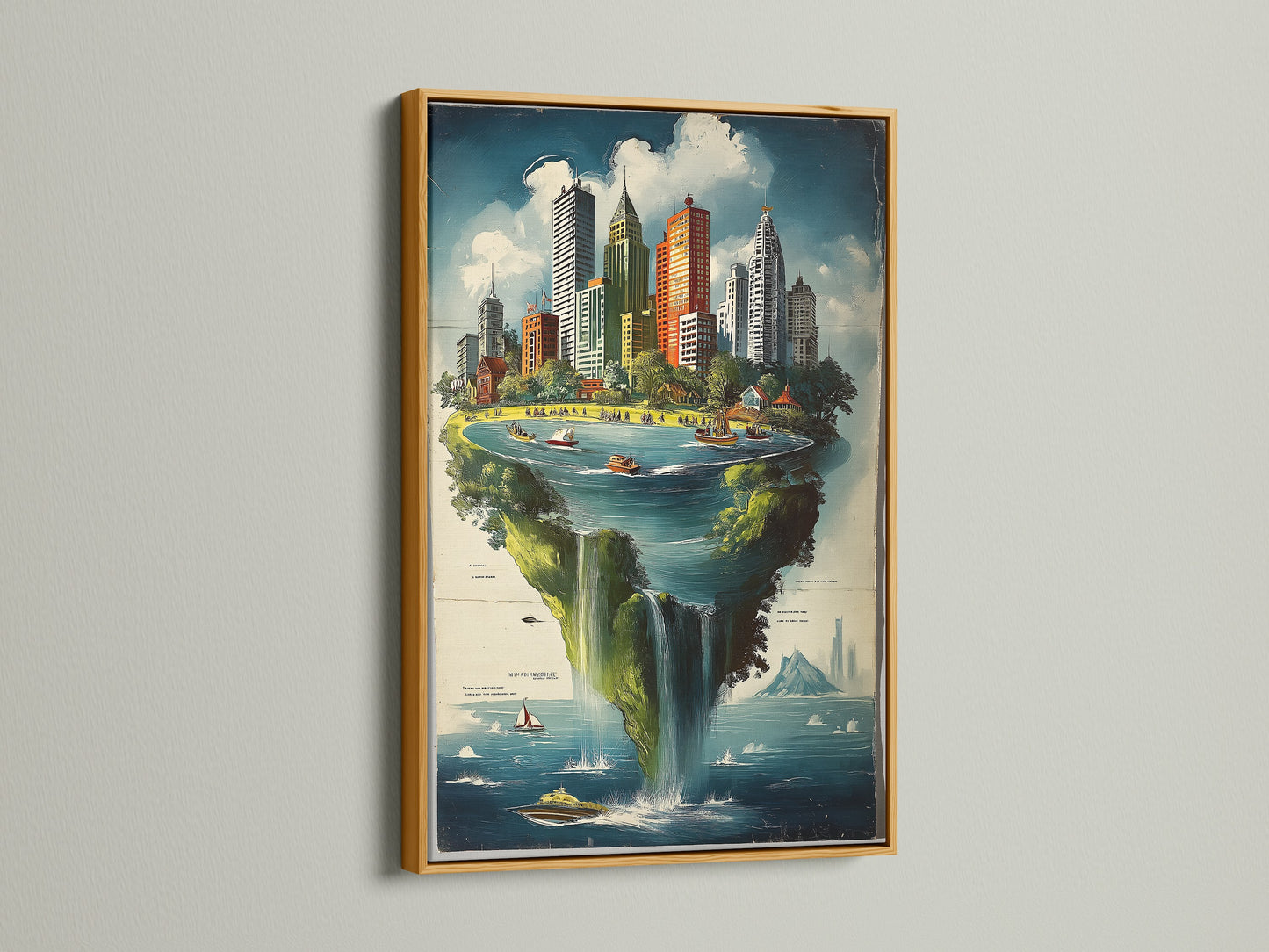 A cityscape island artwork presented in a luxurious gold frame. The whimsical floating metropolis art print exudes elegance. The gold frame enhances the artwork's rich details. It makes it a standout piece for any room. It is perfect for adding a touch of glamour. This art print is a unique and eye-catching choice.