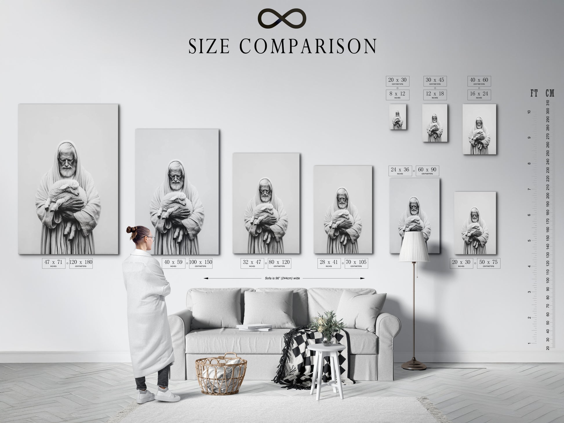 A size comparison chart is displayed in an interior setting. The chart shows various sizes of art prints. It helps visualize how the artwork will look in a room. The interior setting gives context to the sizes. Choose the perfect size for your space.