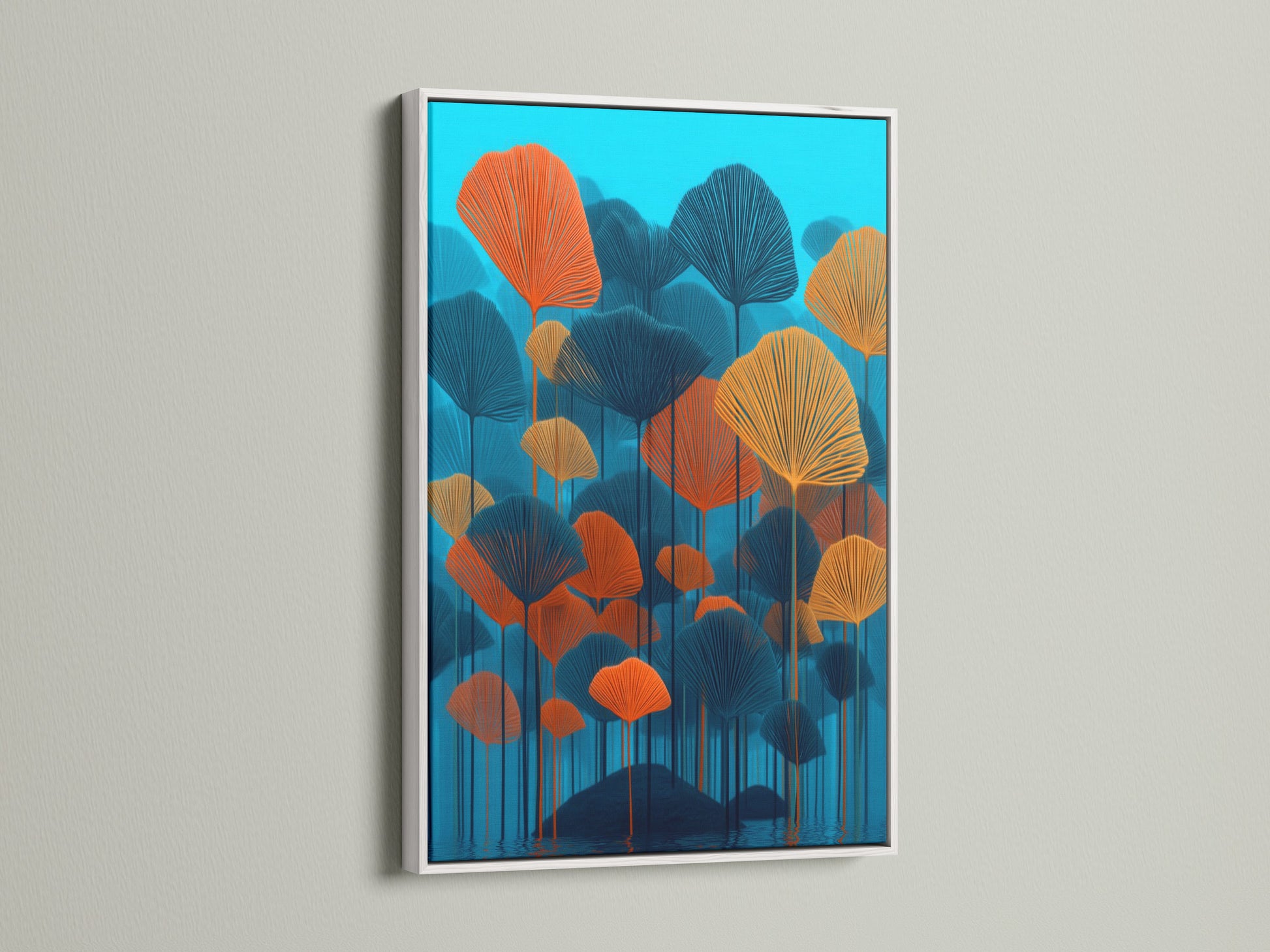 Botanical canvas print showcasing teal and orange abstract artwork in a white frame. This modern floral artwork brings a fresh contemporary feel to any room. Perfect for creating a serene and stylish atmosphere. Elevate your home decor with this beautiful scandi art.