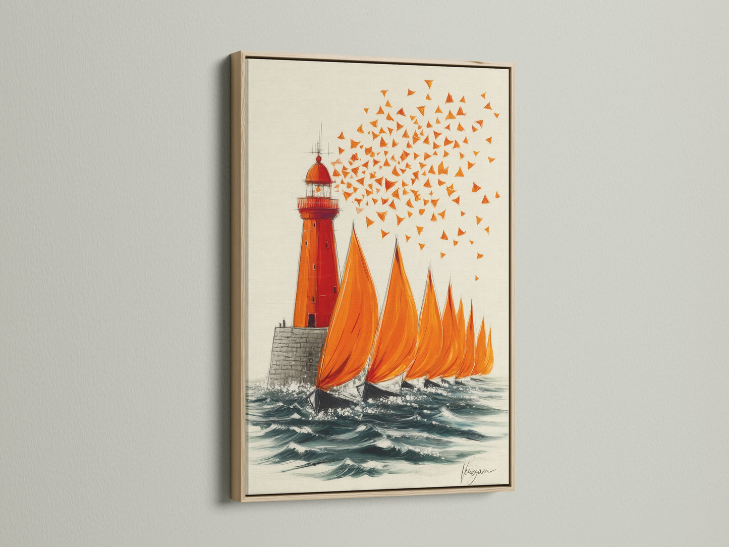 Coastal seascape artwork featuring a lighthouse and sailboats in an oak frame. This nautical canvas adds a touch of elegance to any space. Perfect for living rooms bedrooms and offices. Enhance your decor with this ocean-themed artwork.
