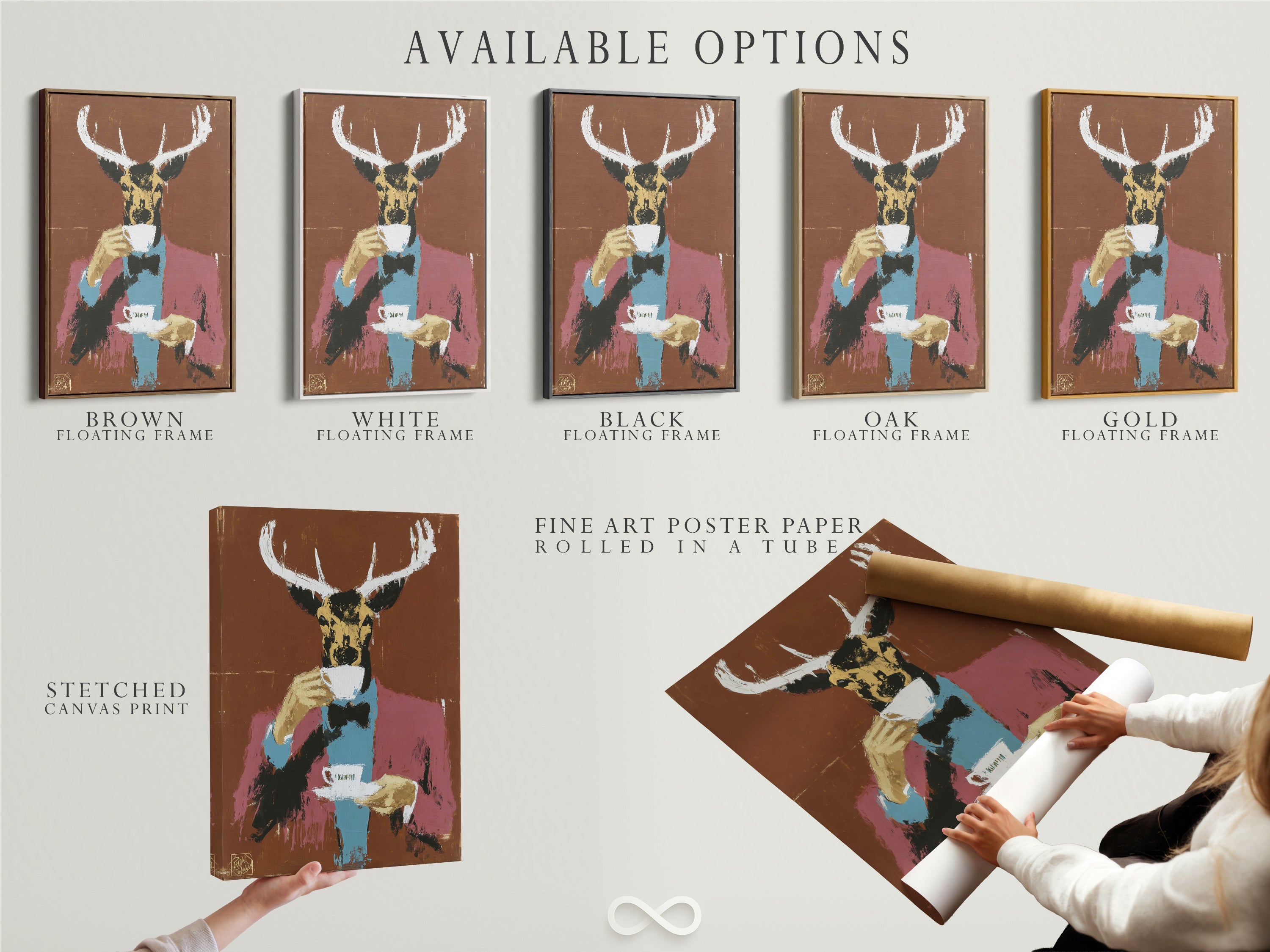 Explore available options for the Deer Gentleman artwork. Choose from a stretched canvas print fine art poster paper or a floating frame. Elevate your space with this animal portrait art. Perfect for modern wall art enthusiasts. Discover unique quirky wall decor and folk art prints to match your style.