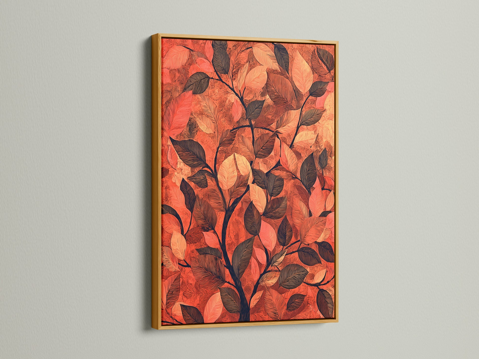 See botanical leaf art in a gold frame. The gold frame enhances the terracotta decor. The artwork features autumn leaves. It brings a touch of luxury to your study room. The foliage print shines with the golden accent. The gold frame elevates the nature-inspired artwork.