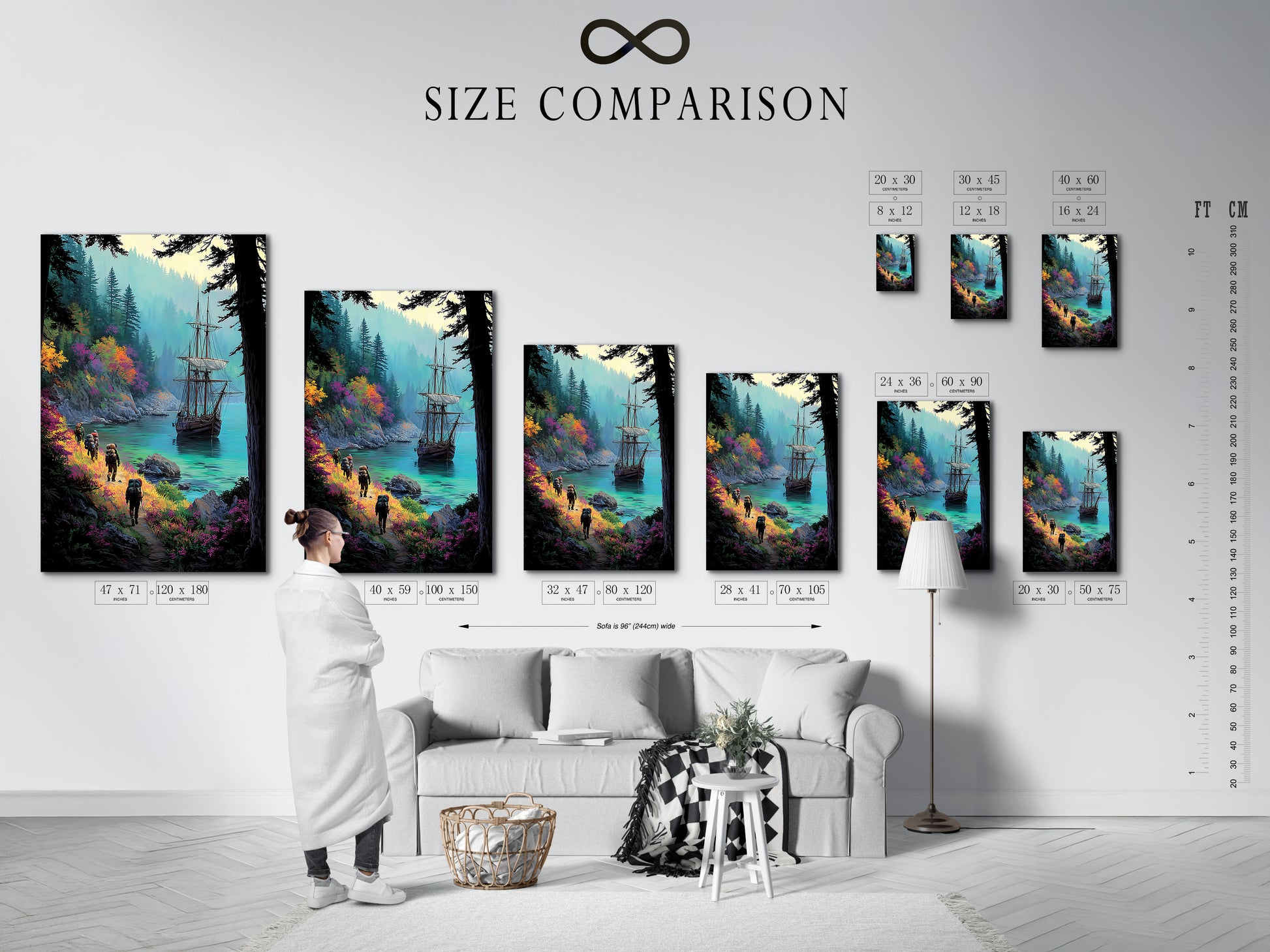 Size comparison chart in an interior setting. See how different sizes of sailing ship art fit your space. Coastal wall art options for every room. Find the perfect emerald green art for your home. Plan your study wall decor.