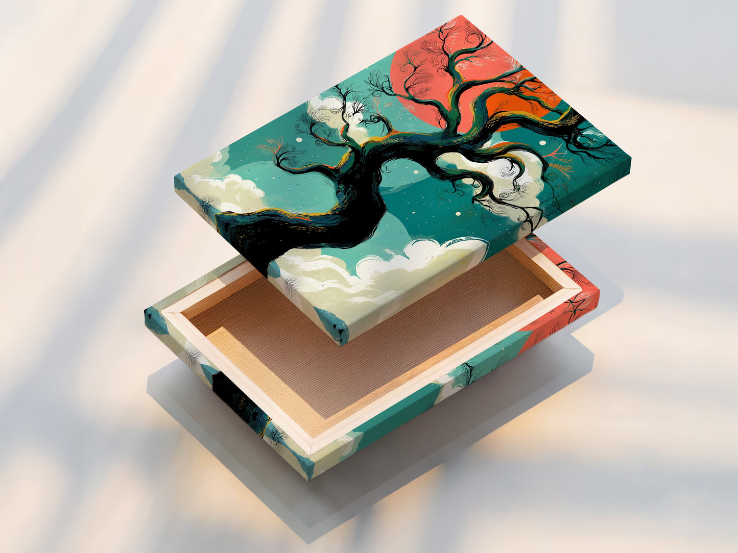 A stretched canvas print shows a winter tree artwork. Teal and coral sky colors create a fantasy landscape scene. Enhance your living space with this modern bedroom wall decor. Discover unique nature artwork.