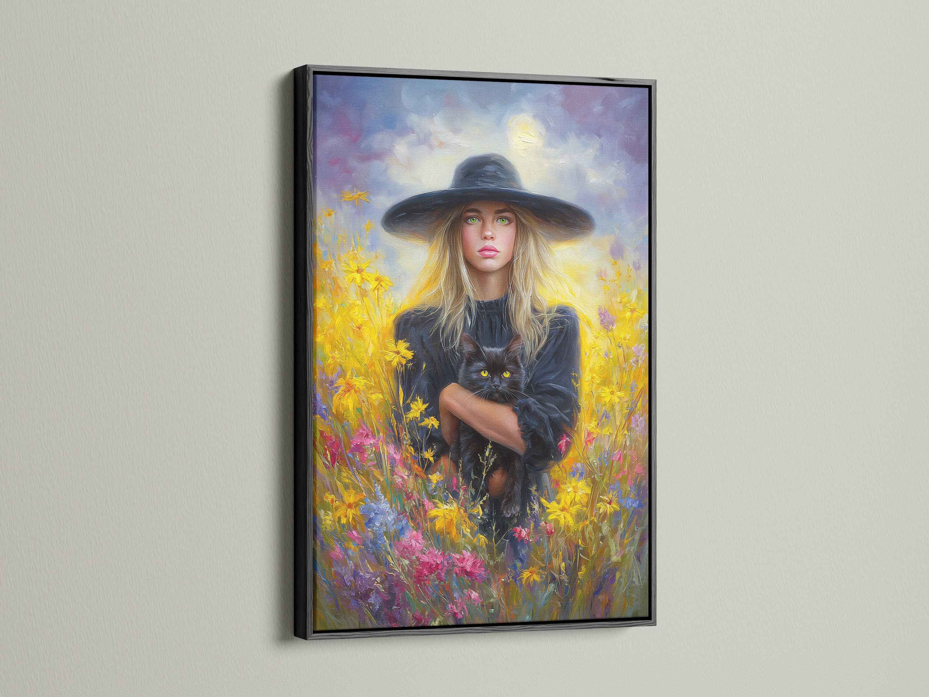This stunning artwork is presented in a sleek black frame. The art shows a woman and her cat among vibrant flowers. The black frame adds a touch of sophistication and drama. It makes the artwork stand out and draw attention.