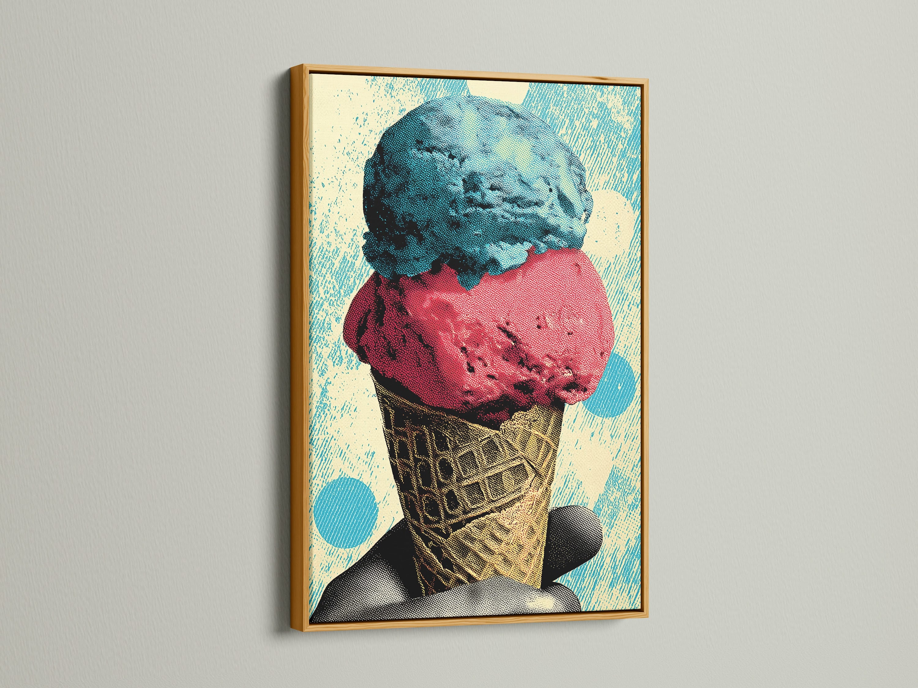 The ice cream artwork is presented in an elegant gold frame. The gold frame enhances the artwork's richness and vibrancy. Add a touch of luxury and glamour to your walls with this piece. The artwork can elevate your decor.