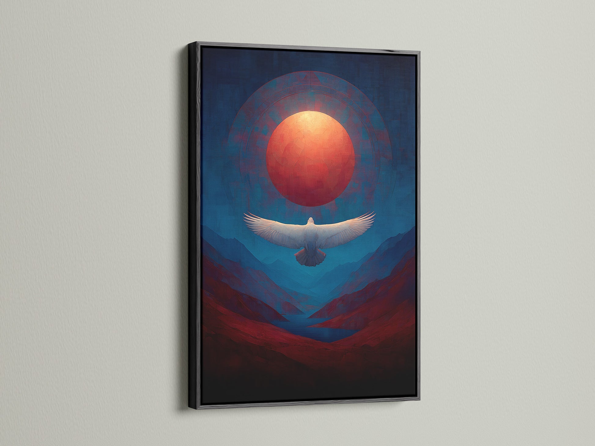 This eagle print in a black frame offers a modern touch to any space. It features an eagle flying over a mountain landscape. The spiritual wall art captures a vibrant sunset. The red and blue tones create a calming atmosphere. Ideal for living rooms or offices