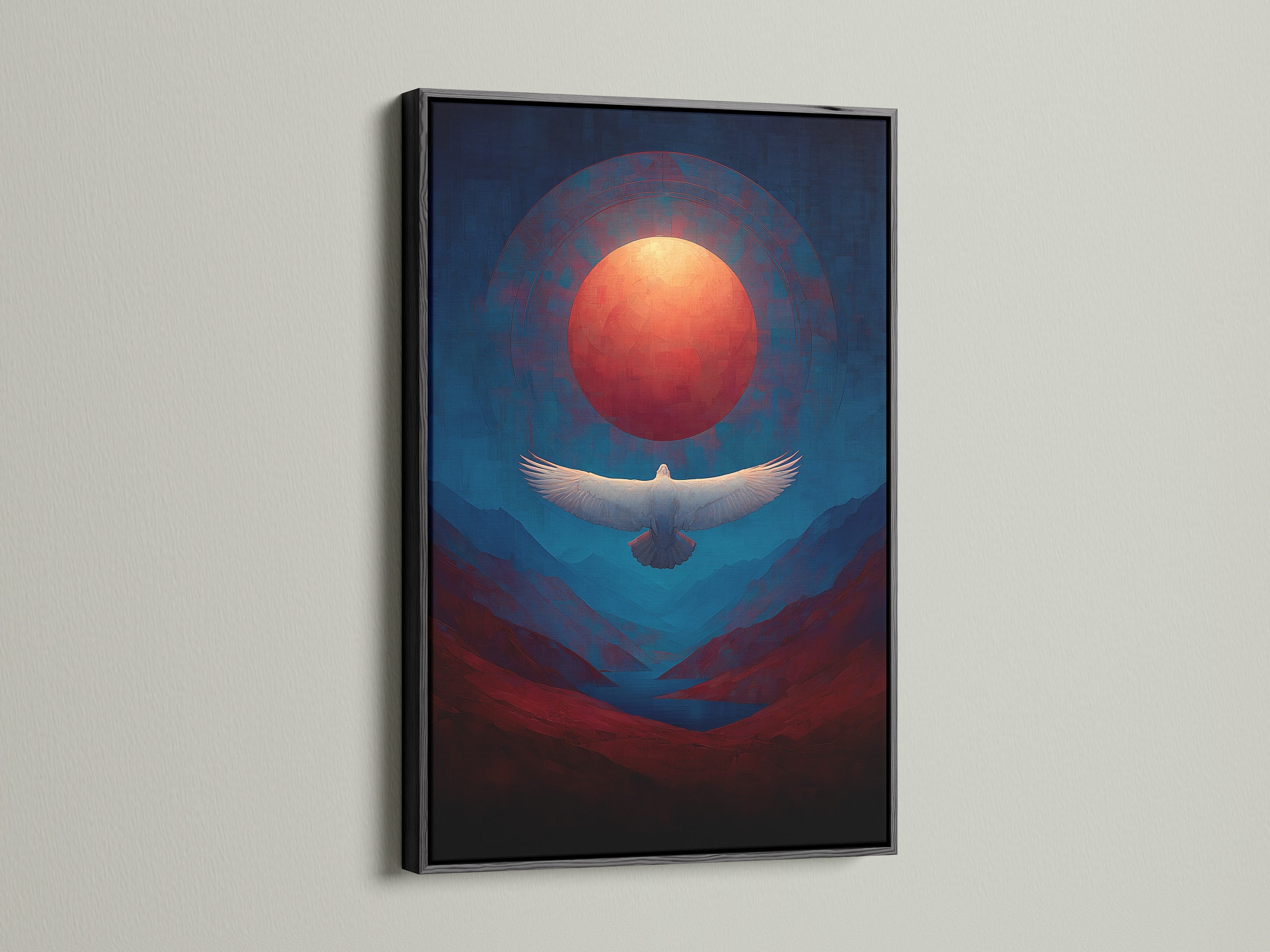 This eagle print in a black frame offers a modern touch to any space. It features an eagle flying over a mountain landscape. The spiritual wall art captures a vibrant sunset. The red and blue tones create a calming atmosphere. Ideal for living rooms or offices