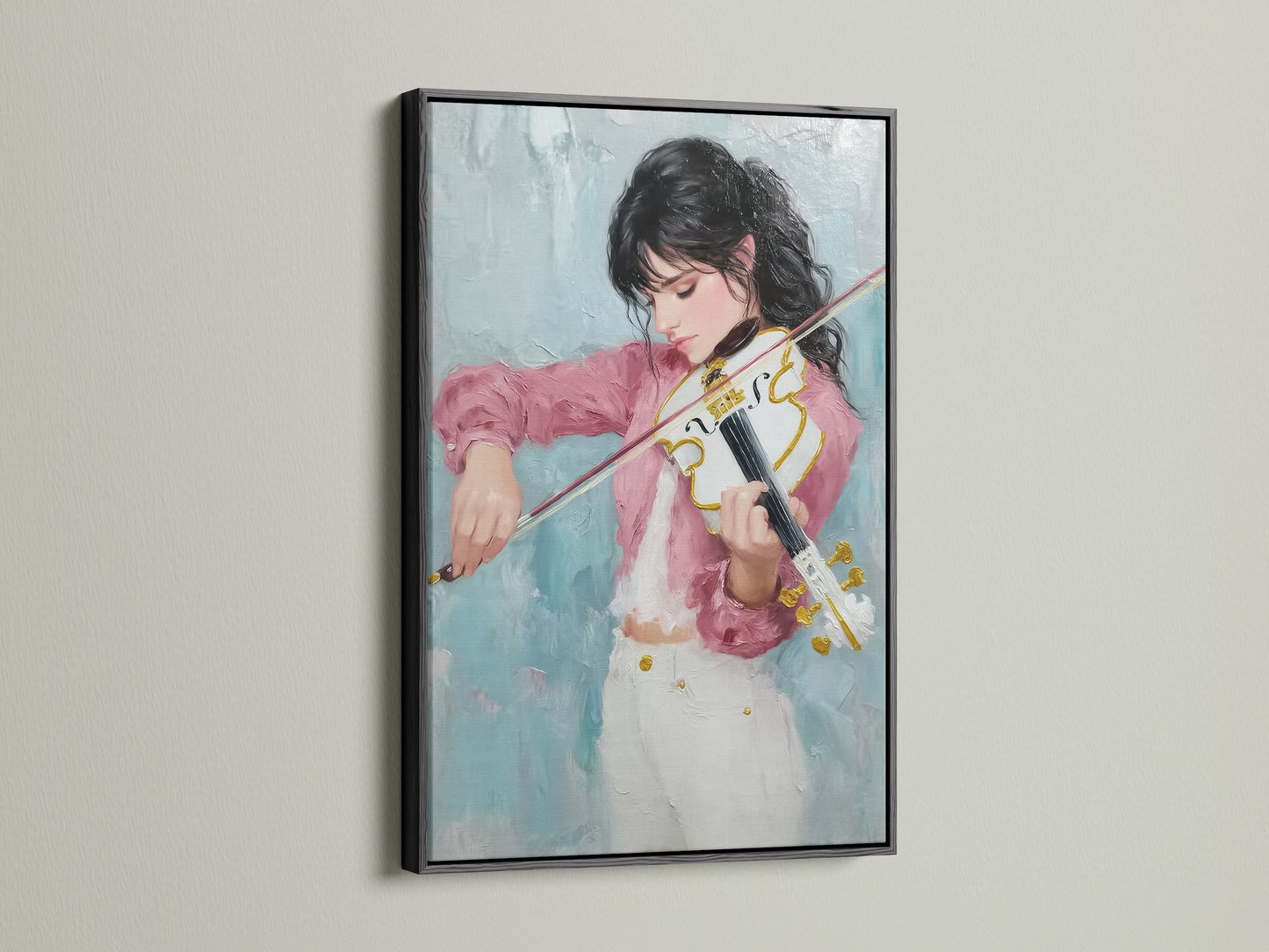 The canvas print of the violinist is framed in sleek black. The contrast enhances the artwork's vibrant colors. This musical artwork is a perfect gift for musicians. It adds a modern touch to any room. A sophisticated choice for fine art lovers.
