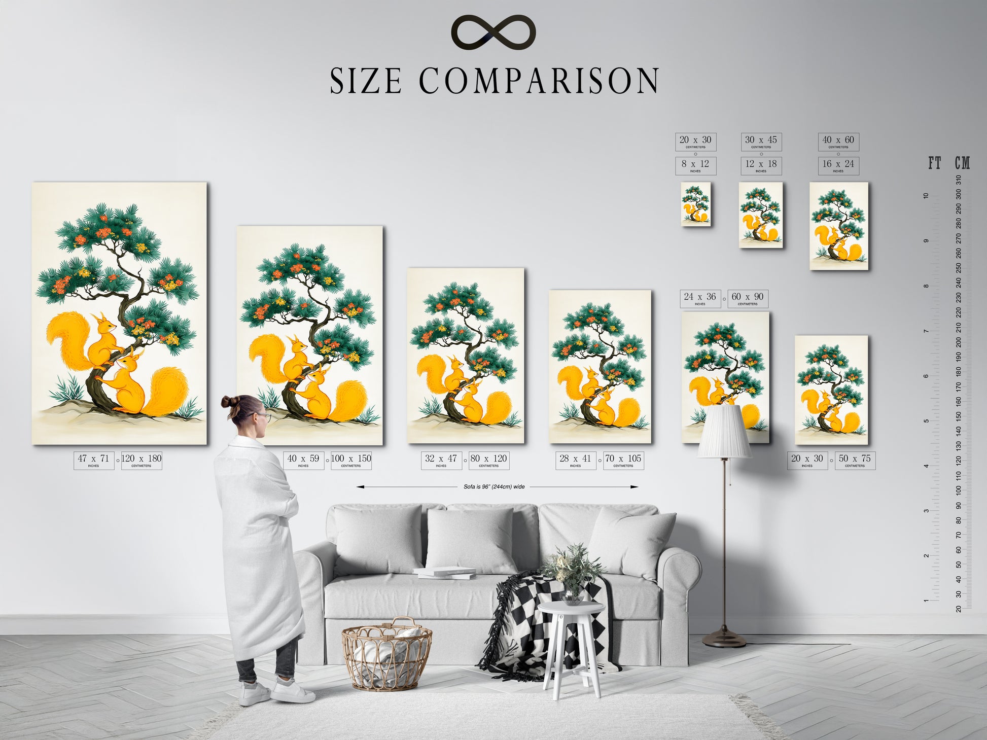 This size comparison chart is set in an interior. It helps visualize how the Asian-style squirrel artwork will look in different sizes. See how the botanical tree poster fits. Plan your animal canvas display for the perfect nature wall art.