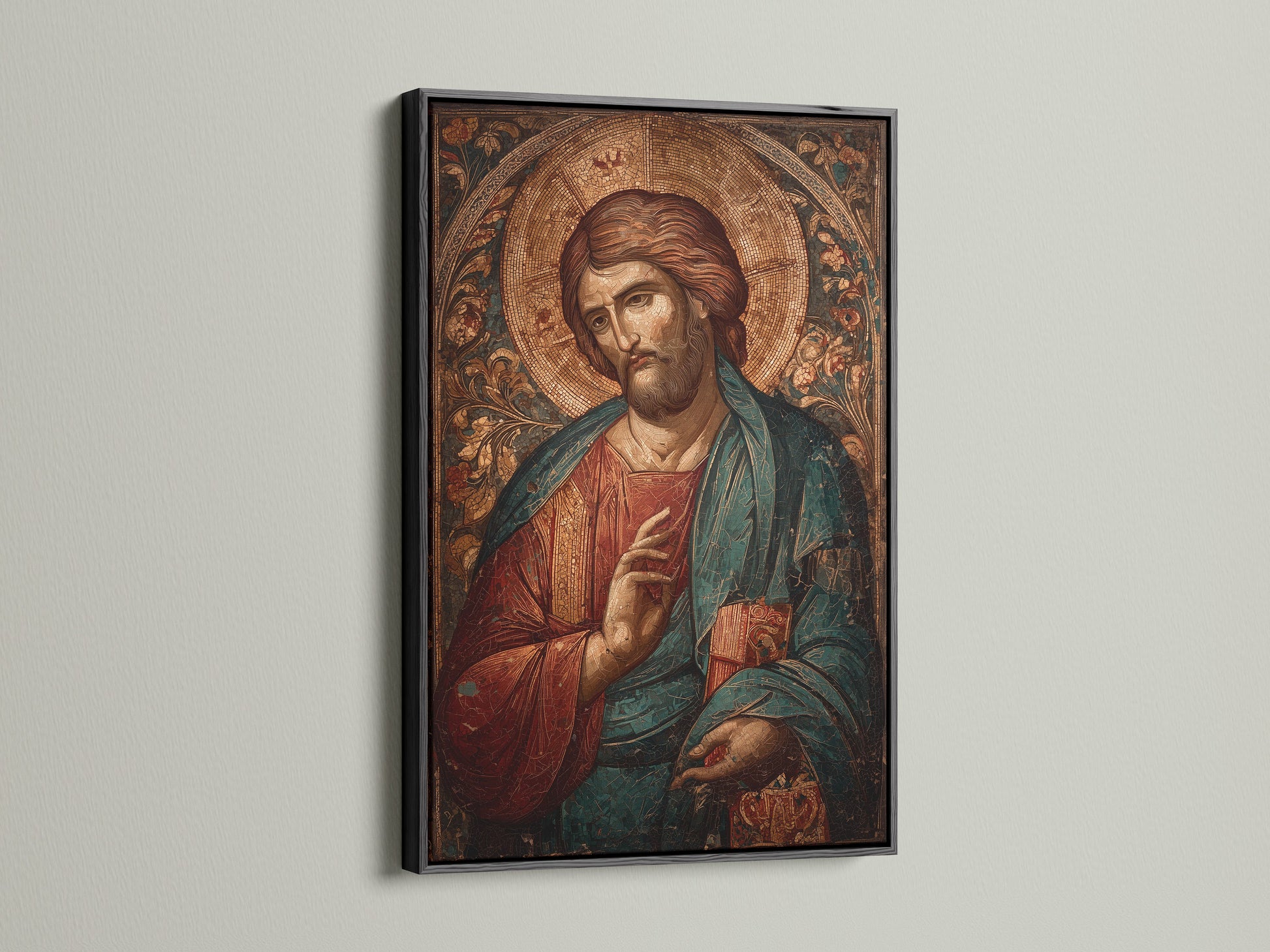 A sophisticated black frame surrounds a religious art print. The black frame adds a bold contrast. It enhances the visual impact of the artwork. This frame is ideal for contemporary spaces. It will add a touch of elegance.