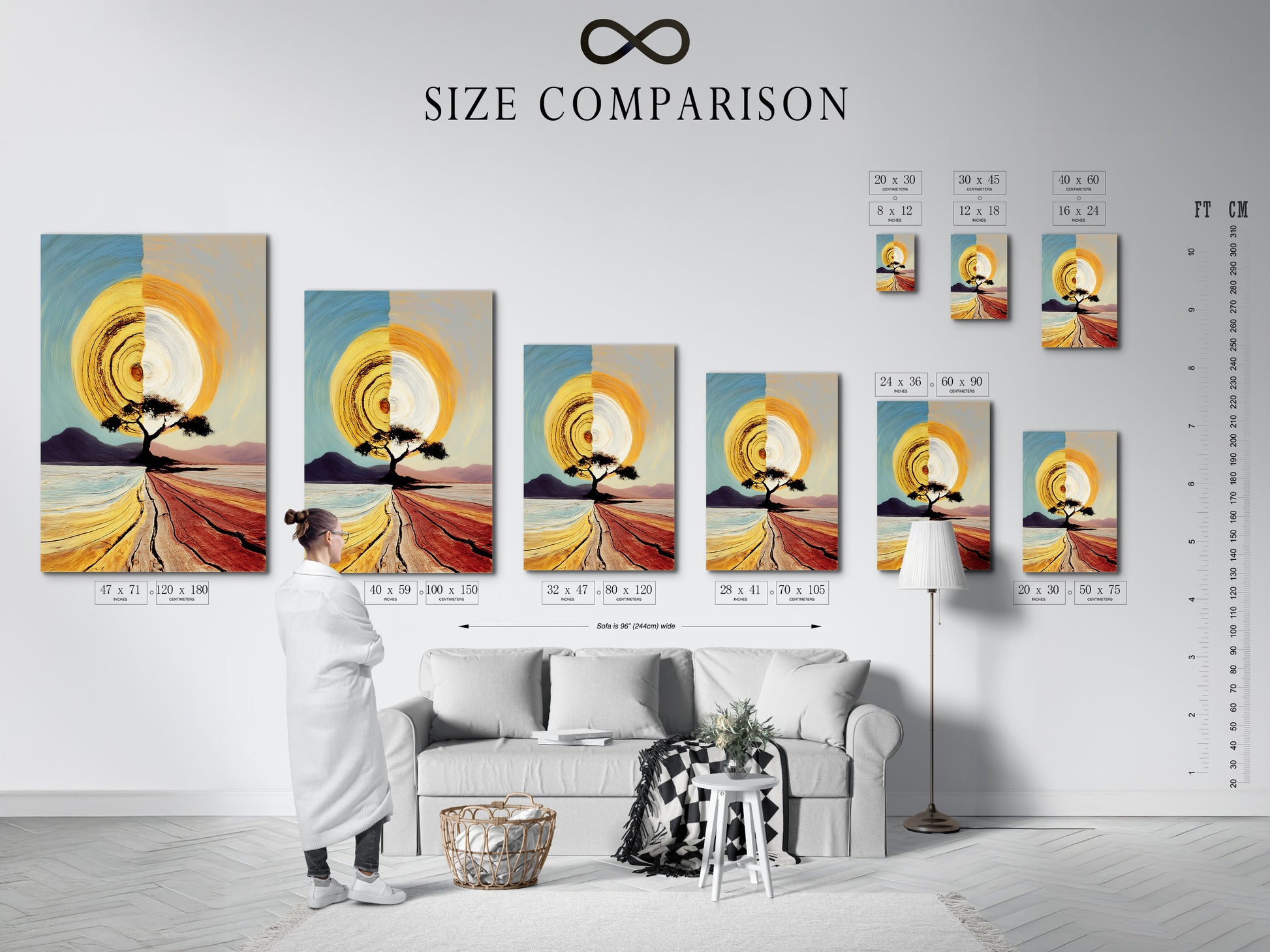 A size comparison chart is displayed in a stylish interior. This chart helps you visualize the perfect size for your wall art. Choose the ideal dimensions for your sunrise tree artwork. Find the perfect fit for your living room bedroom or entryway with our size guide.