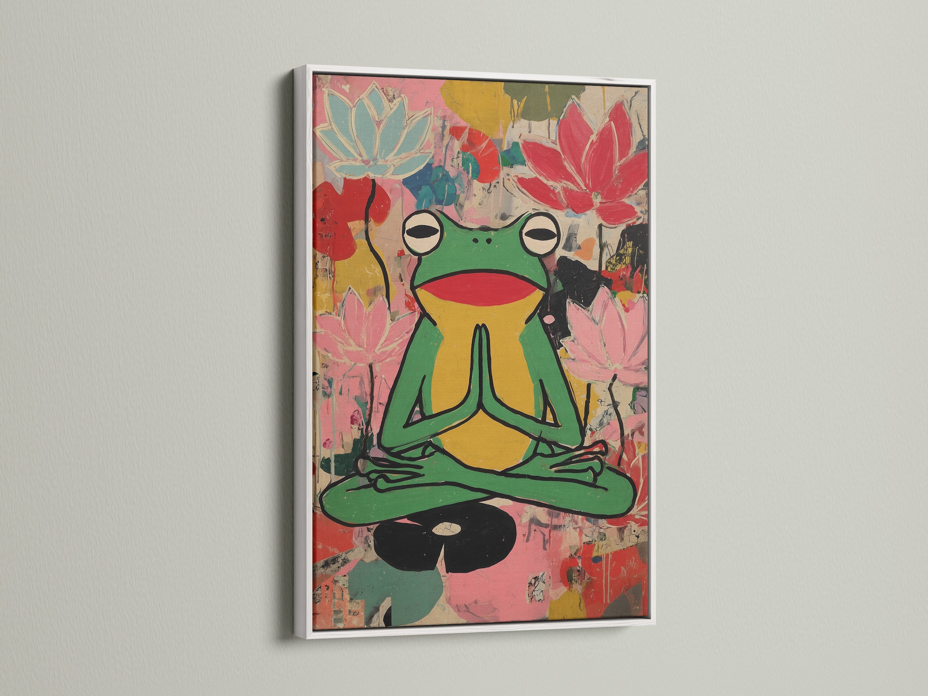 Zen Frog Canvas artwork in a white frame. This meditation lotus wall art brings colorful yoga studio decor for mindfulness. It's perfect for wellness spaces and art lovers. The artwork complements eclectic boho contemporary styles