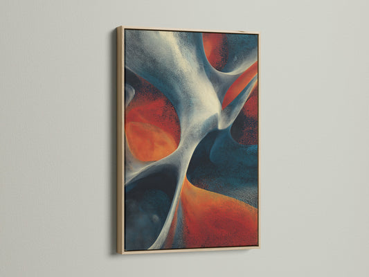 Artwork with an oak frame on a white wall. The artwork features abstract shapes in red white and blue. The oak frame adds a touch of natural warmth to the piece. This framed art is perfect for adding a touch of sophistication to any room.