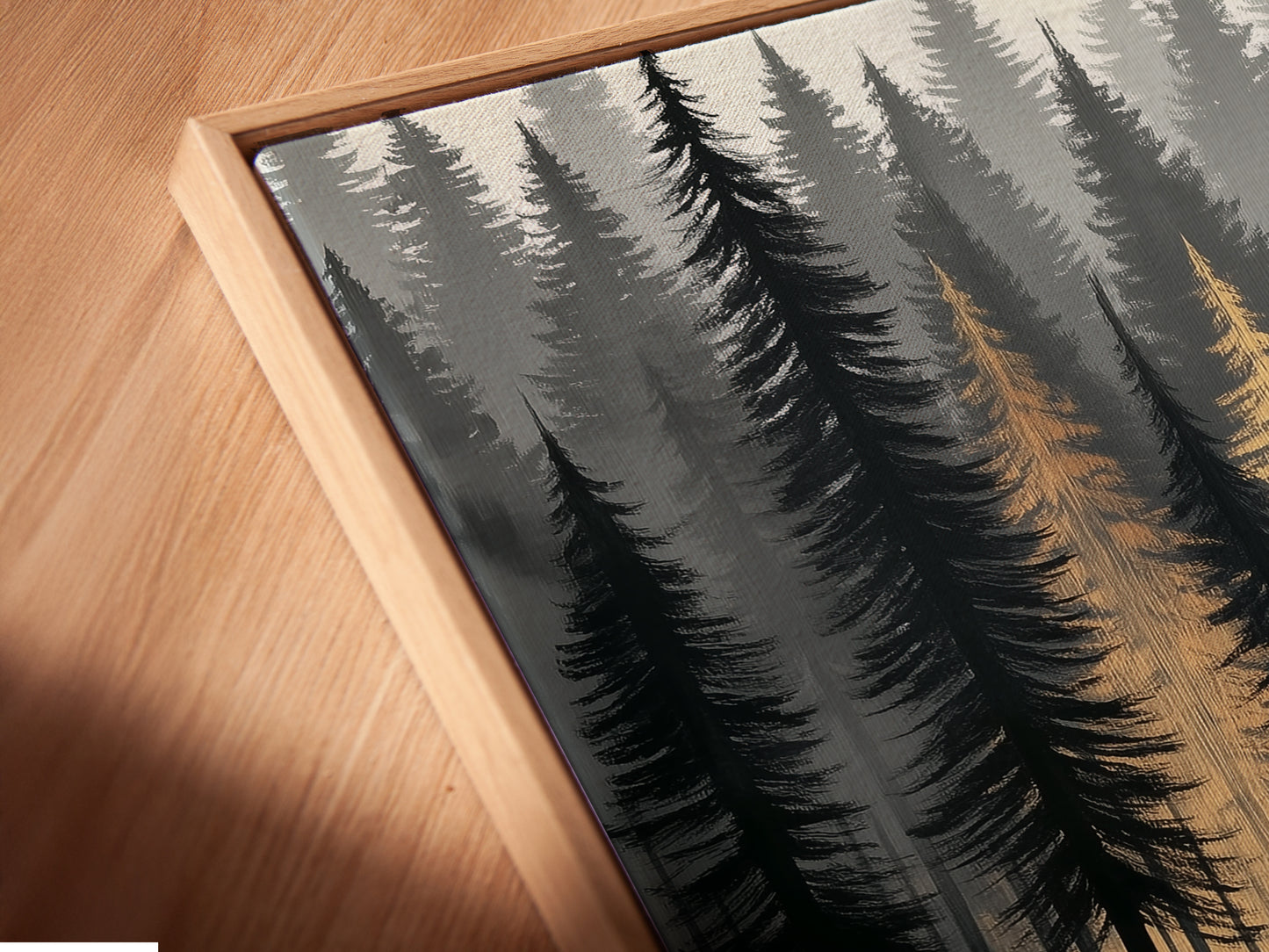 A close up angled view reveals the beauty of a canvas print in a floating frame. The forest lake artwork displays a golden hour reflection creating a serene scene. The nature wall art adds a modern touch to any space. This canoeing art enhances bedroom decor.