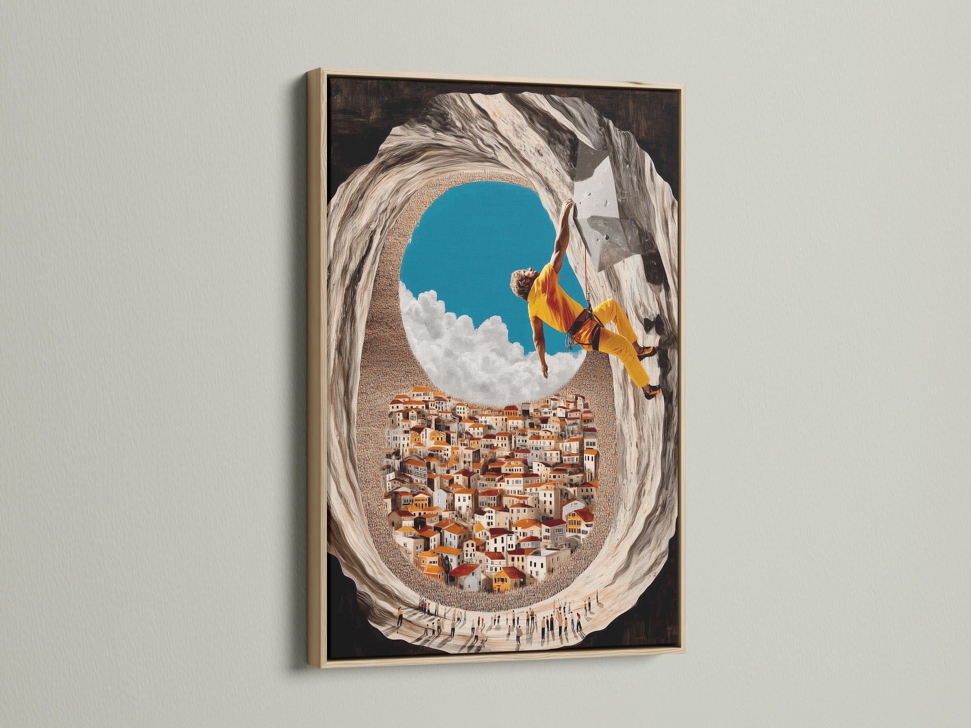 Oak frame featuring Rock Climbing Art Print. Adventure sports wall art adds excitement to any room. Sports canvas print perfect for a man cave. Mediterranean art for office wall decor. Inspire your space with adventure decor.