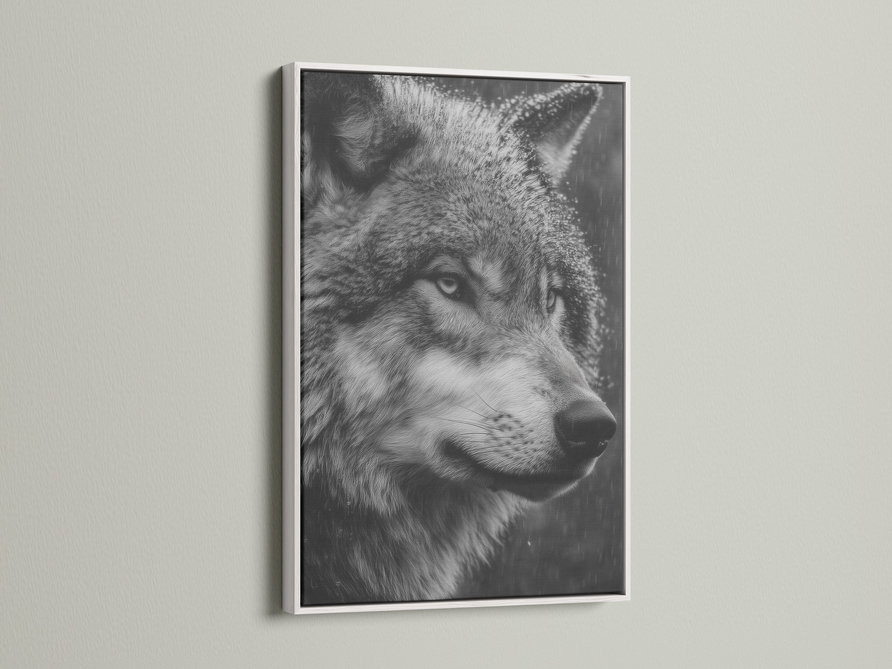 The black and white wolf artwork is showcased in a clean white frame. Ideal for adding a modern touch to your office or living space. This animal portrait captures the essence of wildlife. A stunning piece of wall art.