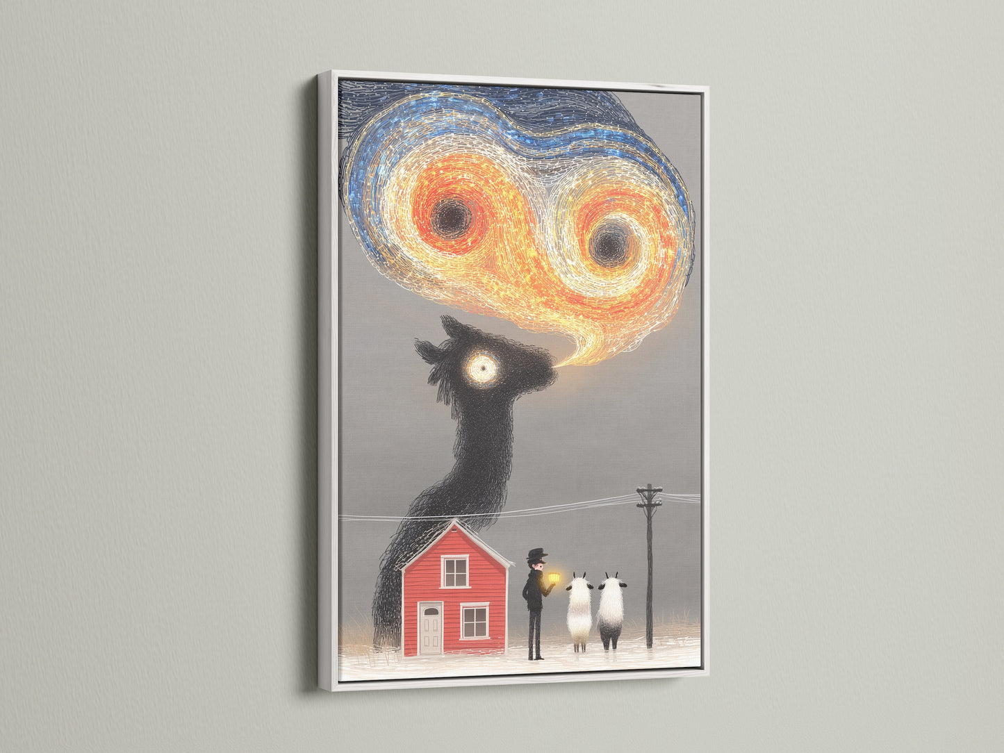 Whimsical sheep art is displayed in a white frame. The clean frame enhances the surreal print. This quirky artwork will brighten any space. The animal canvas suits farmhouse decor. This storybook art brings a dreamlike quality. Perfect for study wall art. Elevate your home with this unique piece.