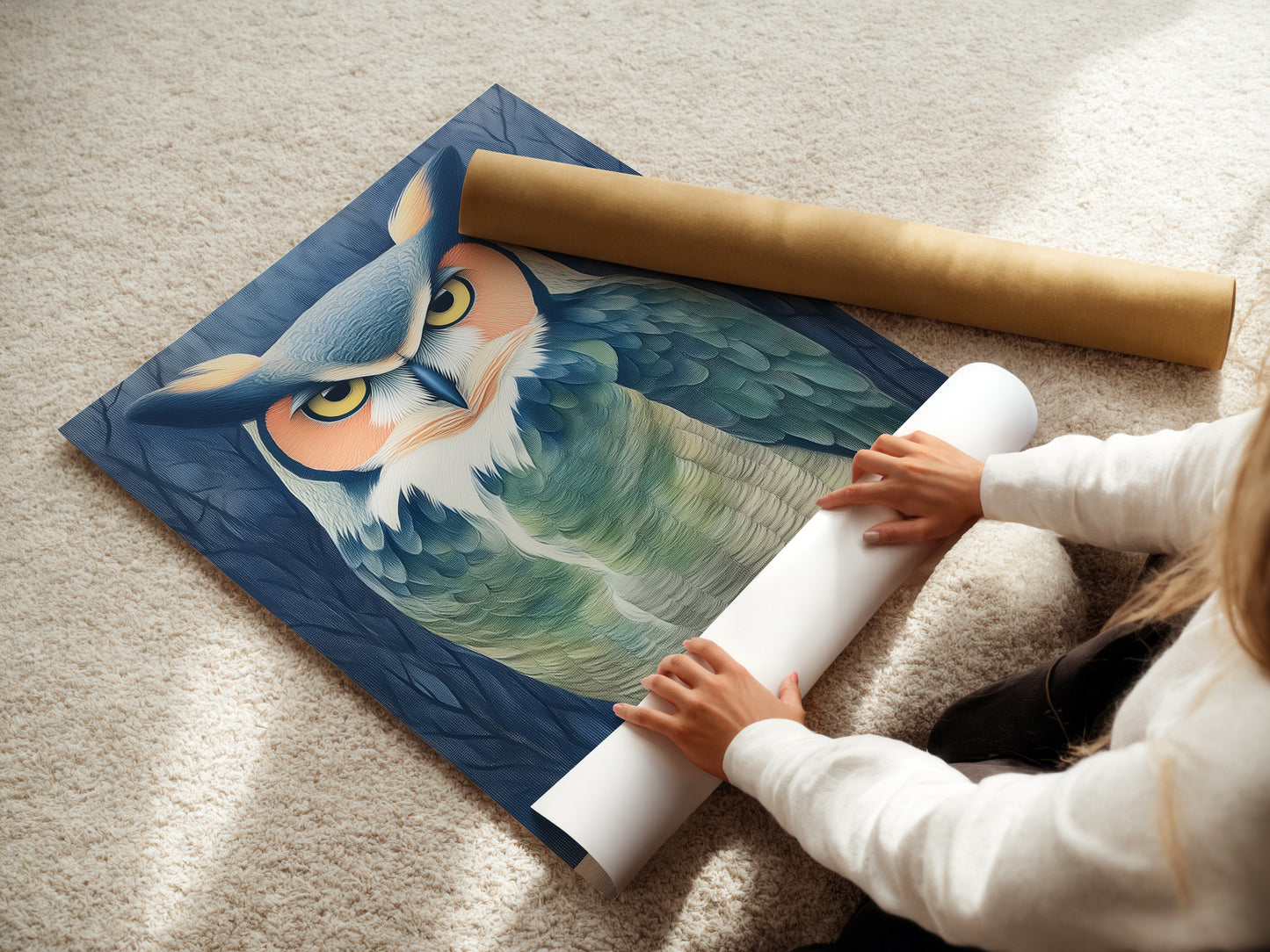 A woman is carefully rolling a fine art poster paper. This owl portrait is soon to be framed. The teal and beige animal artwork promises to elevate any space. Perfect for bird lovers and rustic decor enthusiasts.