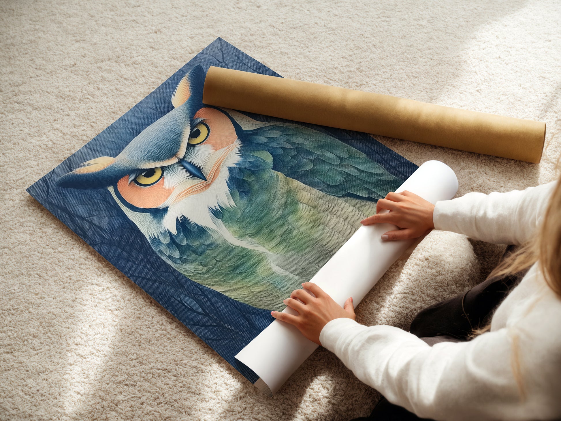 A woman is carefully rolling a fine art poster paper. This owl portrait is soon to be framed. The teal and beige animal artwork promises to elevate any space. Perfect for bird lovers and rustic decor enthusiasts.