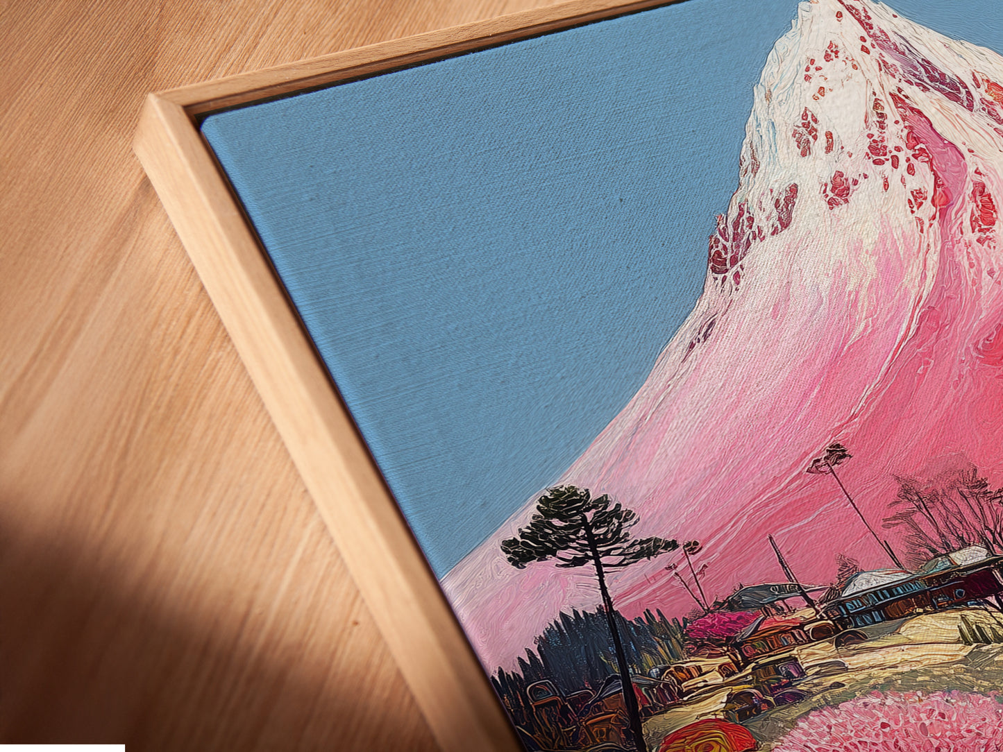 A close-up of a canvas print in a floating frame. The floating frame gives a contemporary look to the Mount Fuji artwork. Perfect for modern interiors. This frame style enhances the depth and color of the artwork.