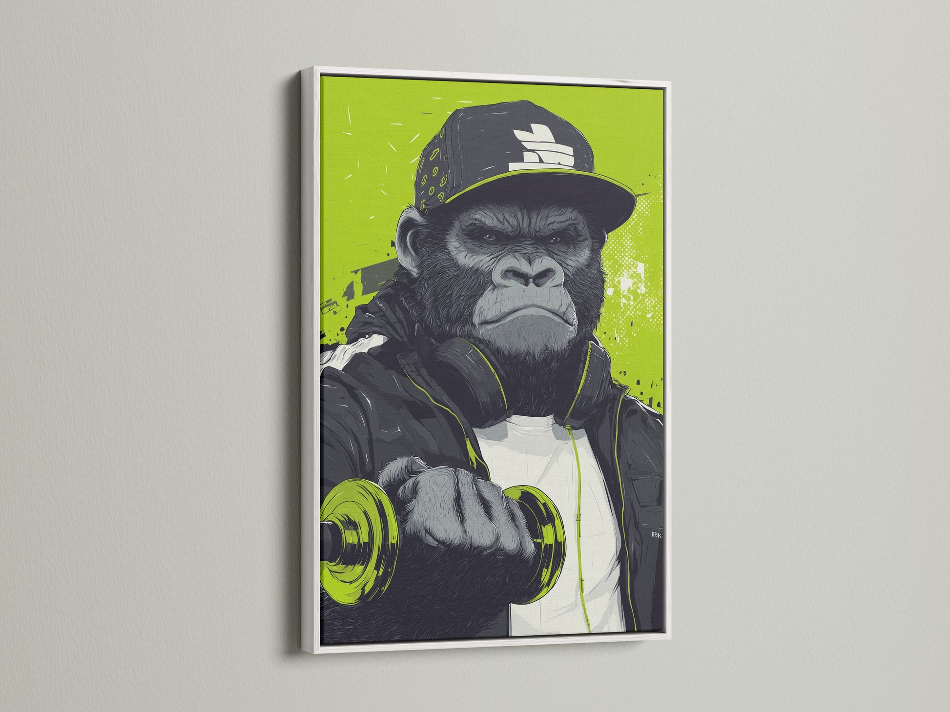 A clean white frame highlights the gorilla workout art print. This piece of fitness wall art is perfect for a home gym. Urban animal art adds a unique touch to your office space. This motivational art features a contemporary style and a bold lime green accent.